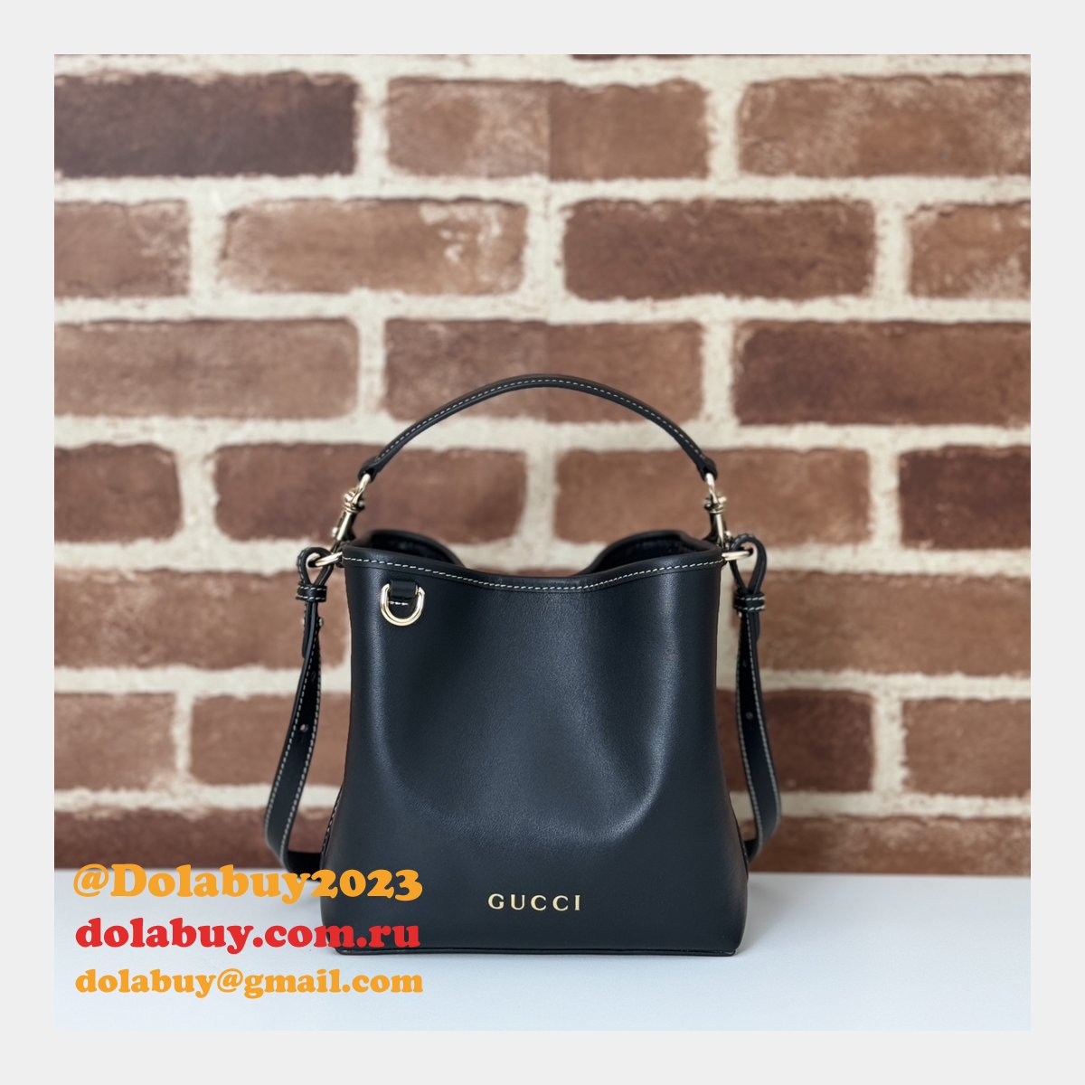 Designer 815118 Fake GG Emblem Gucci 1:1 Mirror Bucket Black Bag