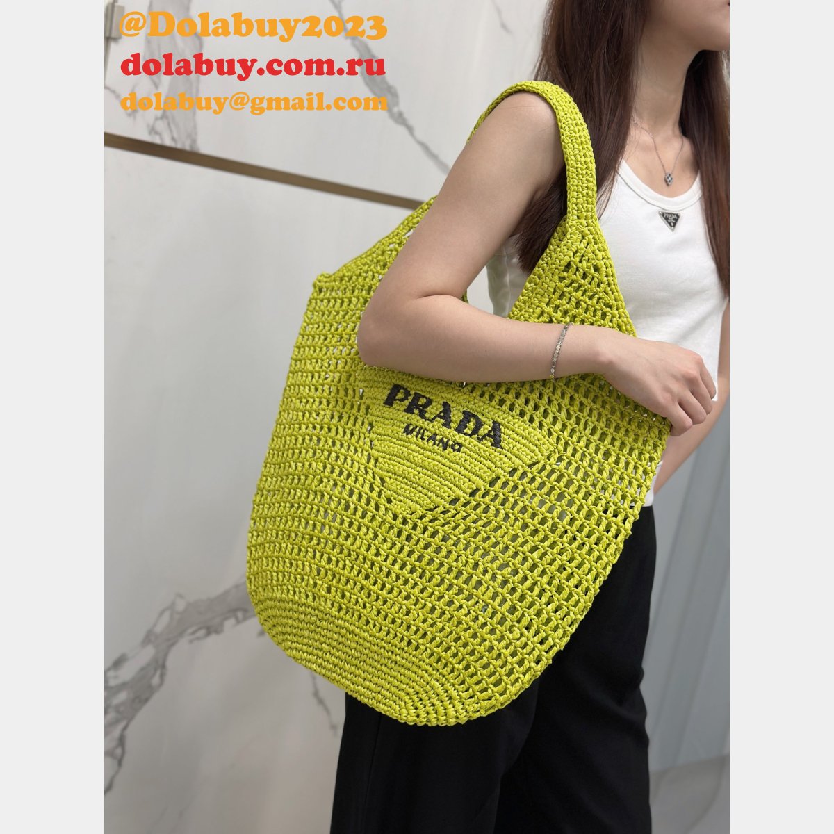 Duplicate prada raffia woven tote bag large 1BG424