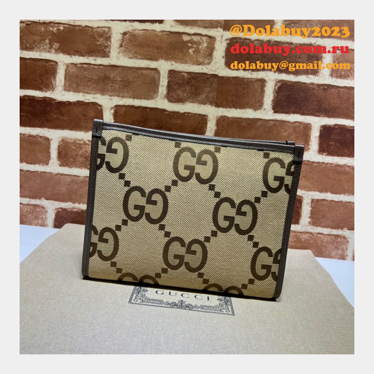 Gucci Replica 699318 Clutches Jumbo GG pouch camel ebony GG canvas