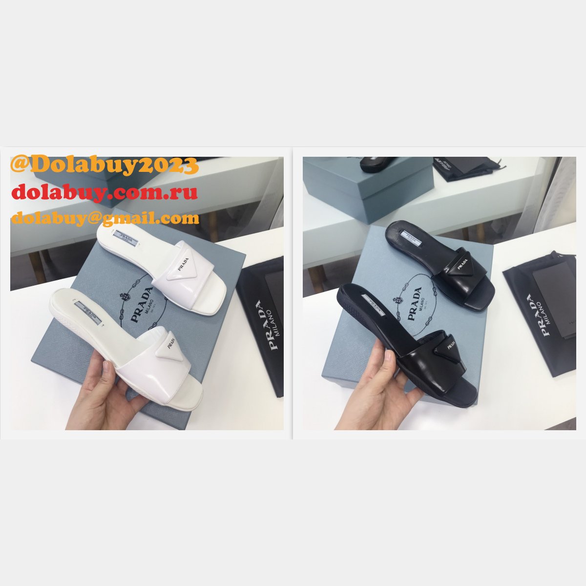 Replica  Prada Leather Logo Flat Slide Sandals