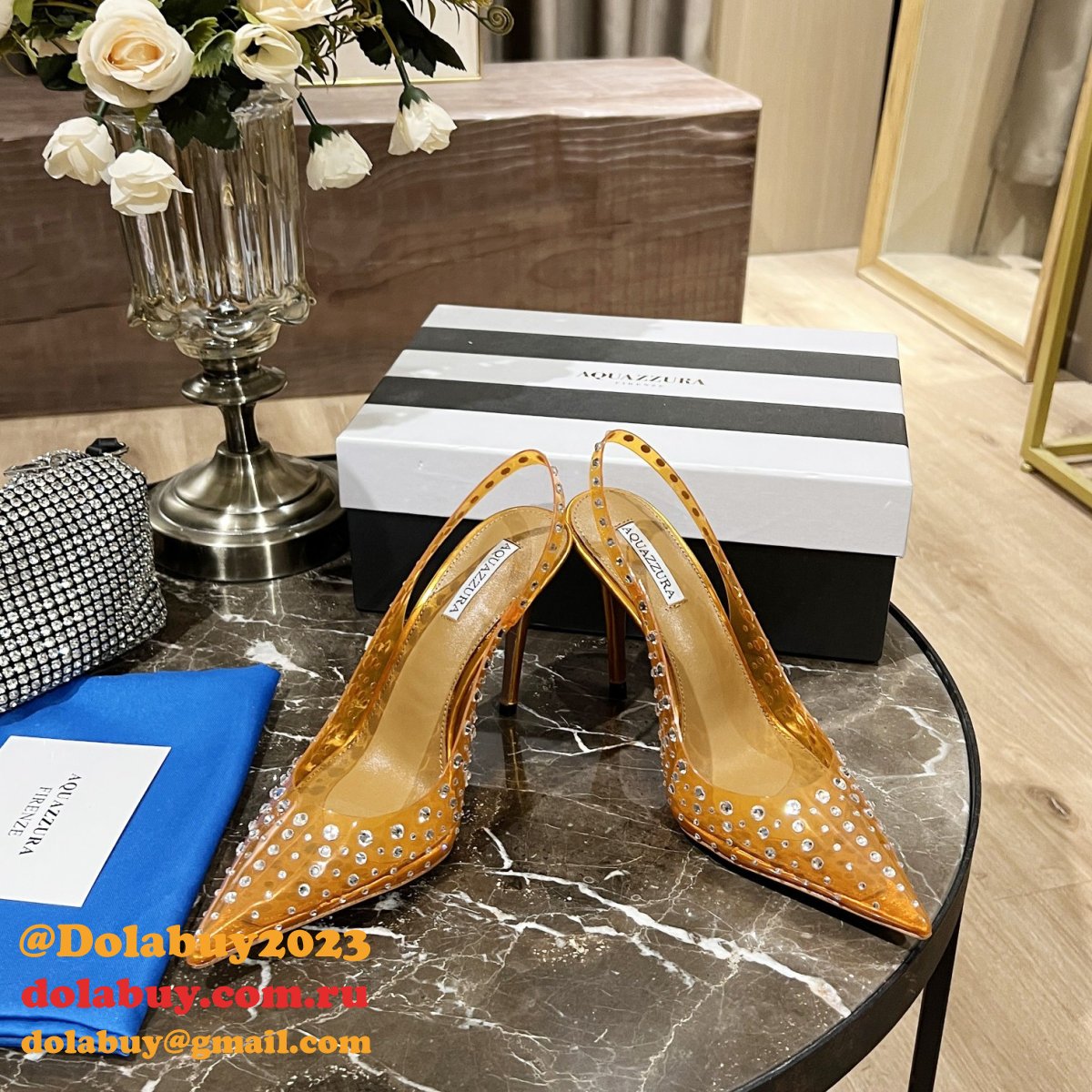Designer Aquazzura Copy Pointed Toe Rhinestone Sandals Heel Shoes