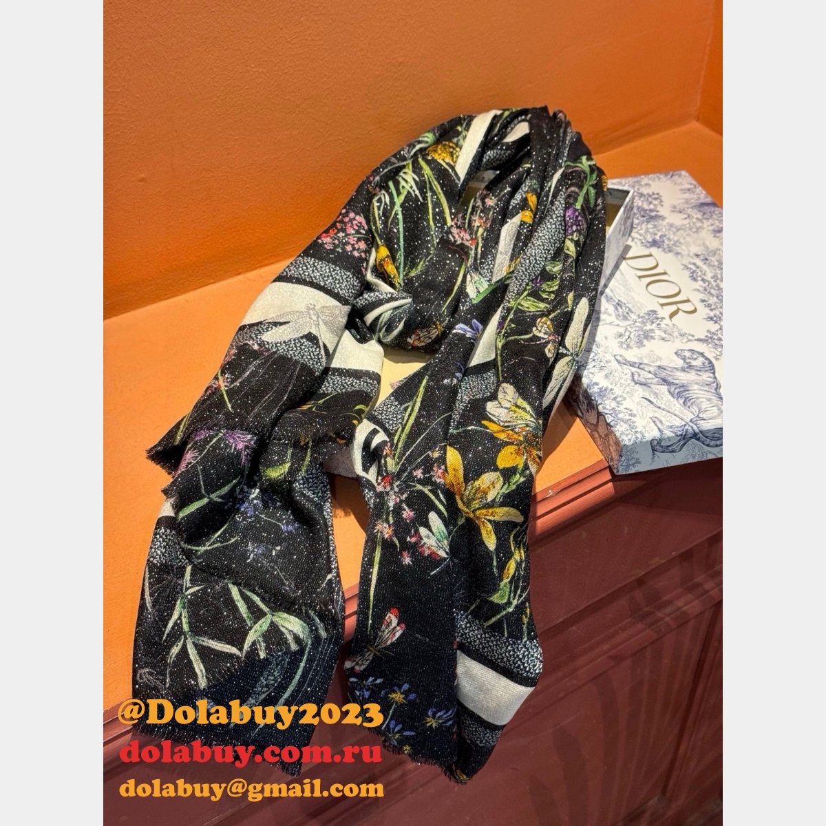 Luxury Dior Sun Goddess Silver Silk Scarf