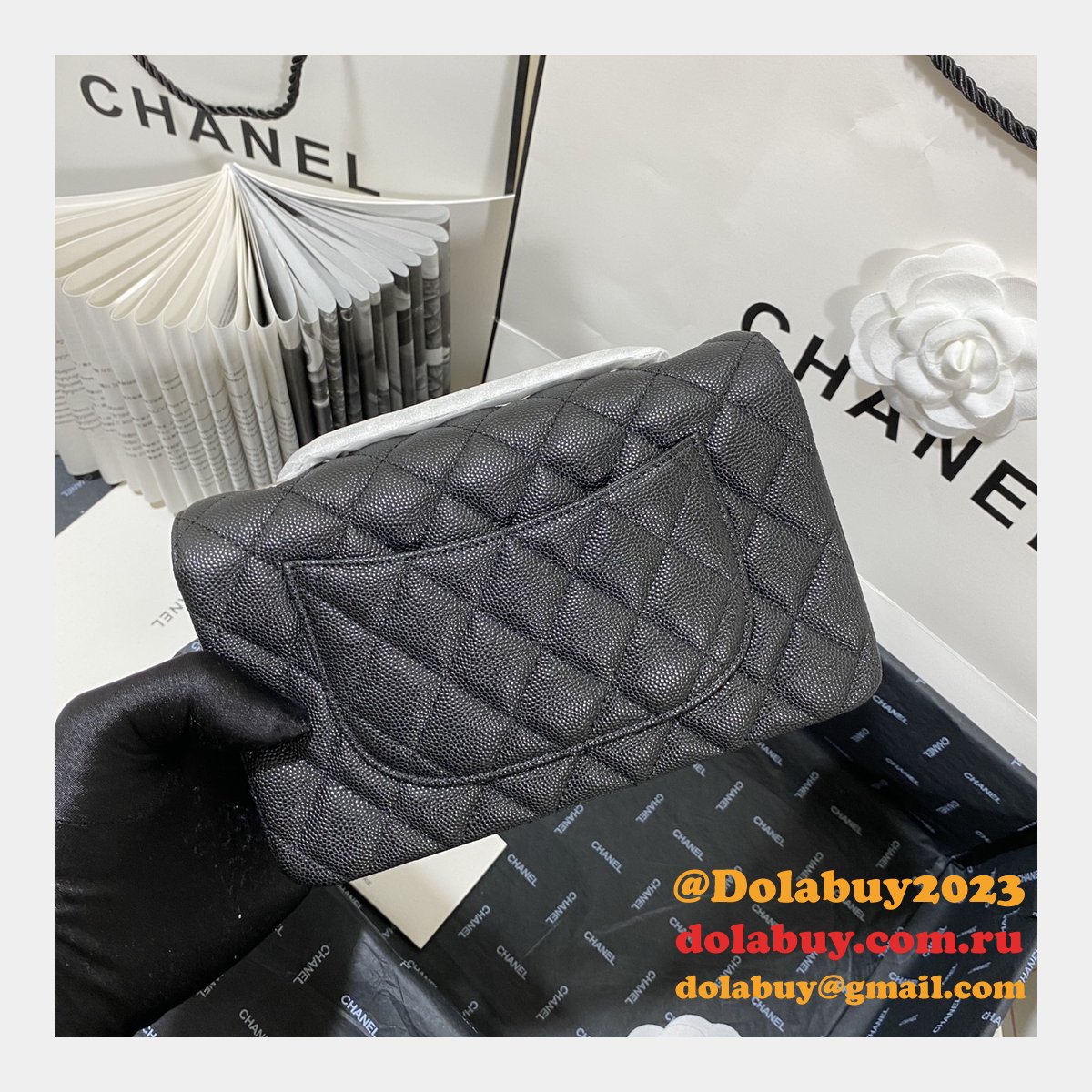 7 Star CC Lambskin Flap Designer Black Bag 20CM