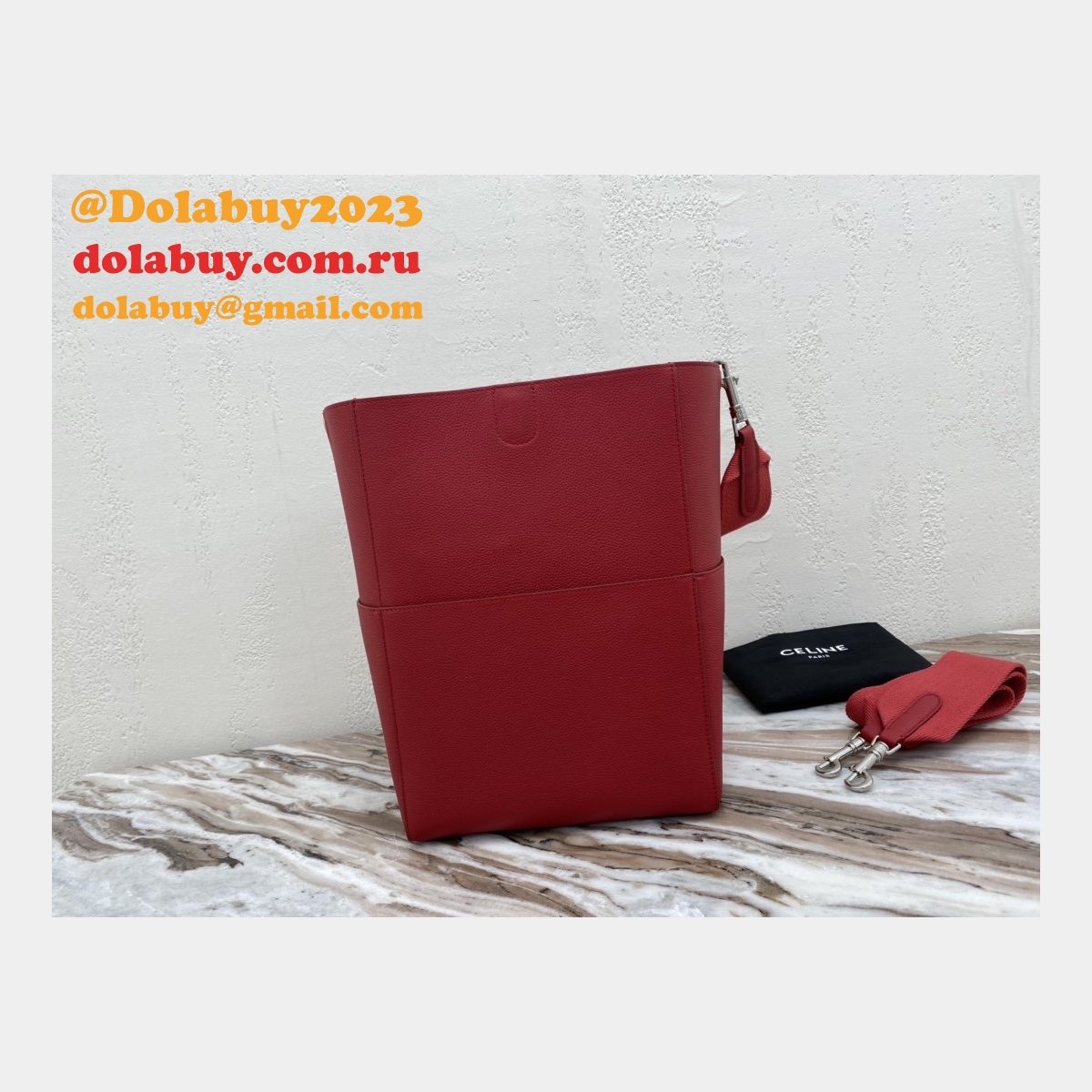 Discount Celine Sangle Seau Bucket Bag Red Calfskin