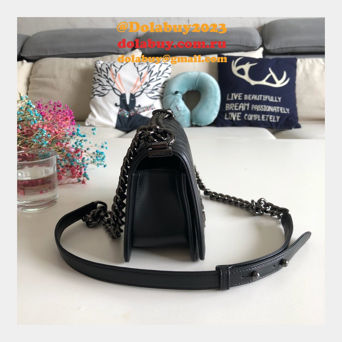 Luxury CC V Le Boy Replica 7 Star Black Bags lambskin 20cm