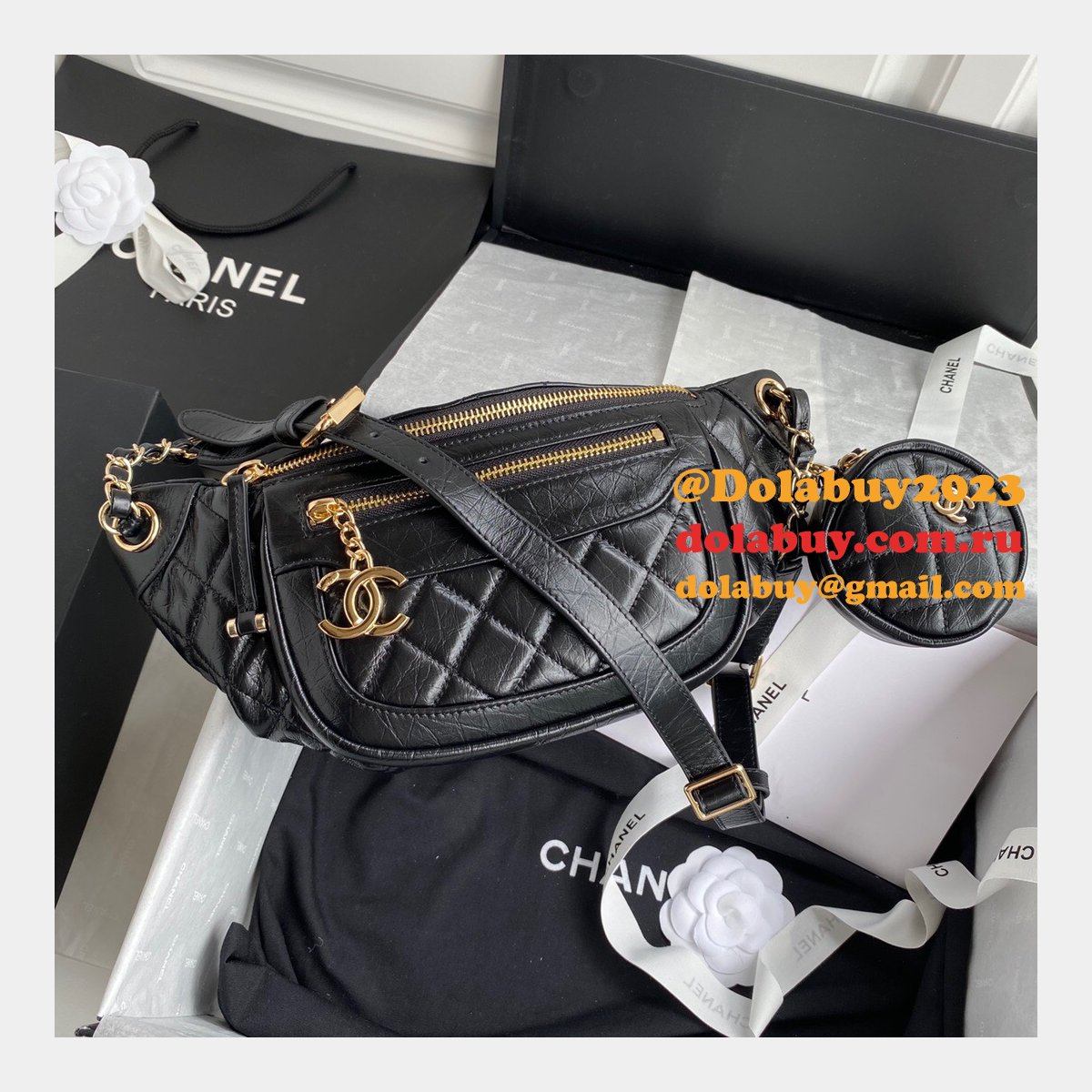 Buy Online CC AAA+ Calfskin Waist AS1077 Black Bag