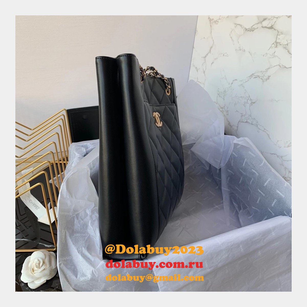 CC Small Shopping Replica Black Bag calfskin & gold-tone metal