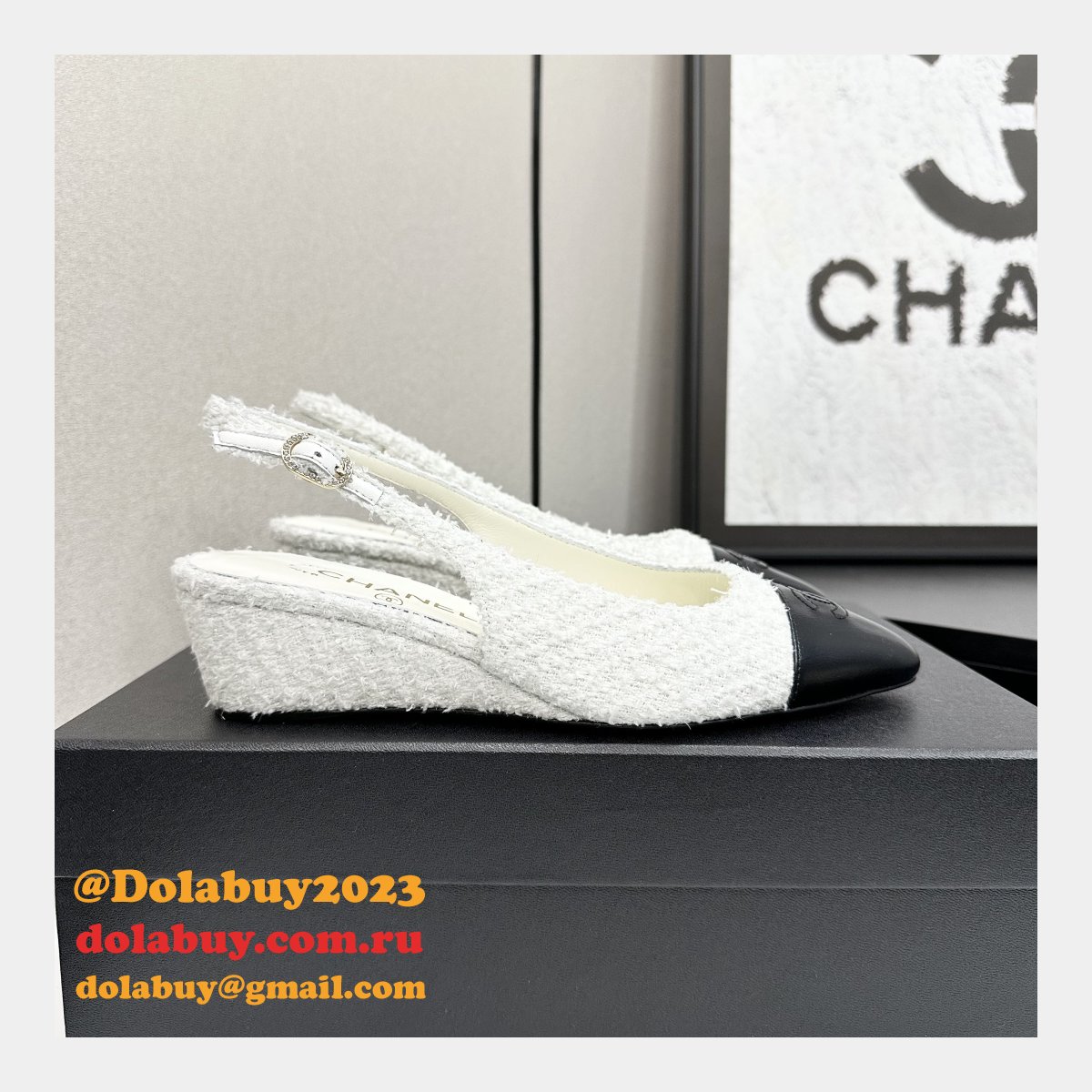 Cotton Tweed Lambskin White Black Slingbacks Shoes