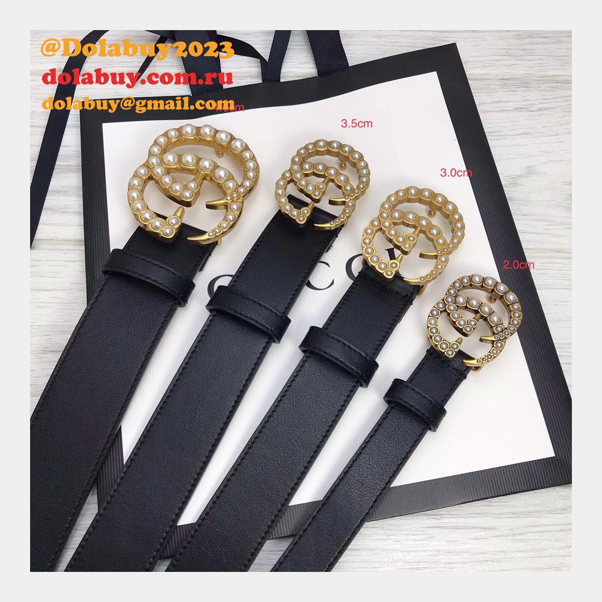 G*u*i replica leather belt with pearl buckle