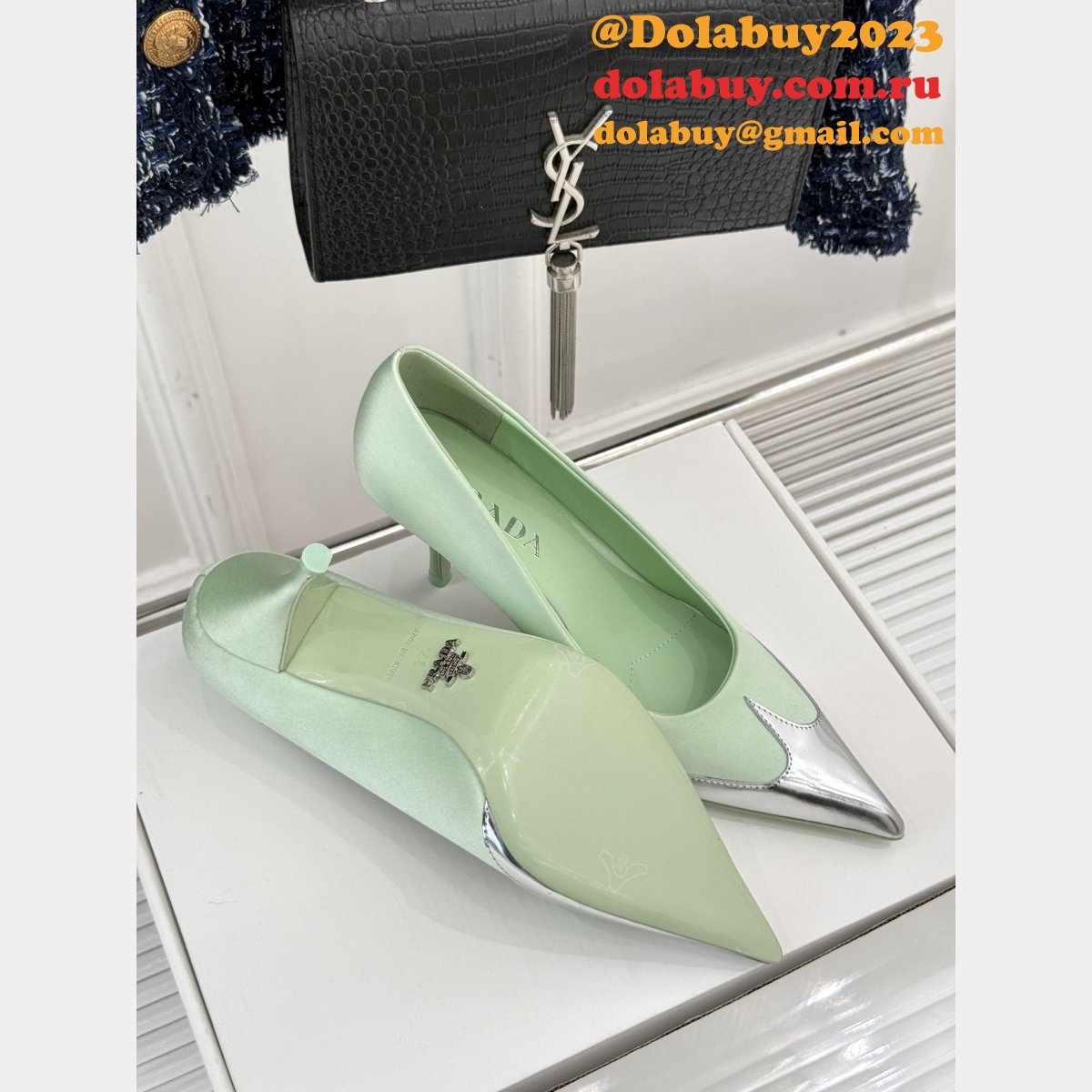 7 Star Prada Satin And Metallic Leather Pumps