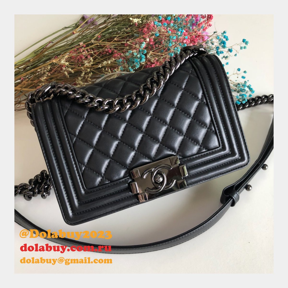 High Quality CC Le Boy Replica Best Black Bags lambksin 20cm