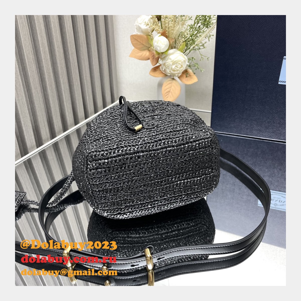 Top Quality Prada Woven drawstring bucket bag 1BE068
