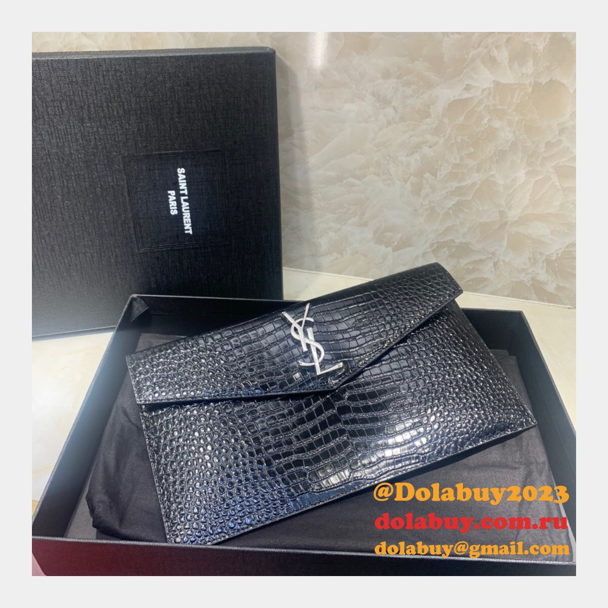 YSL Top Quality Clutch in embossed crocodile shiny black leather