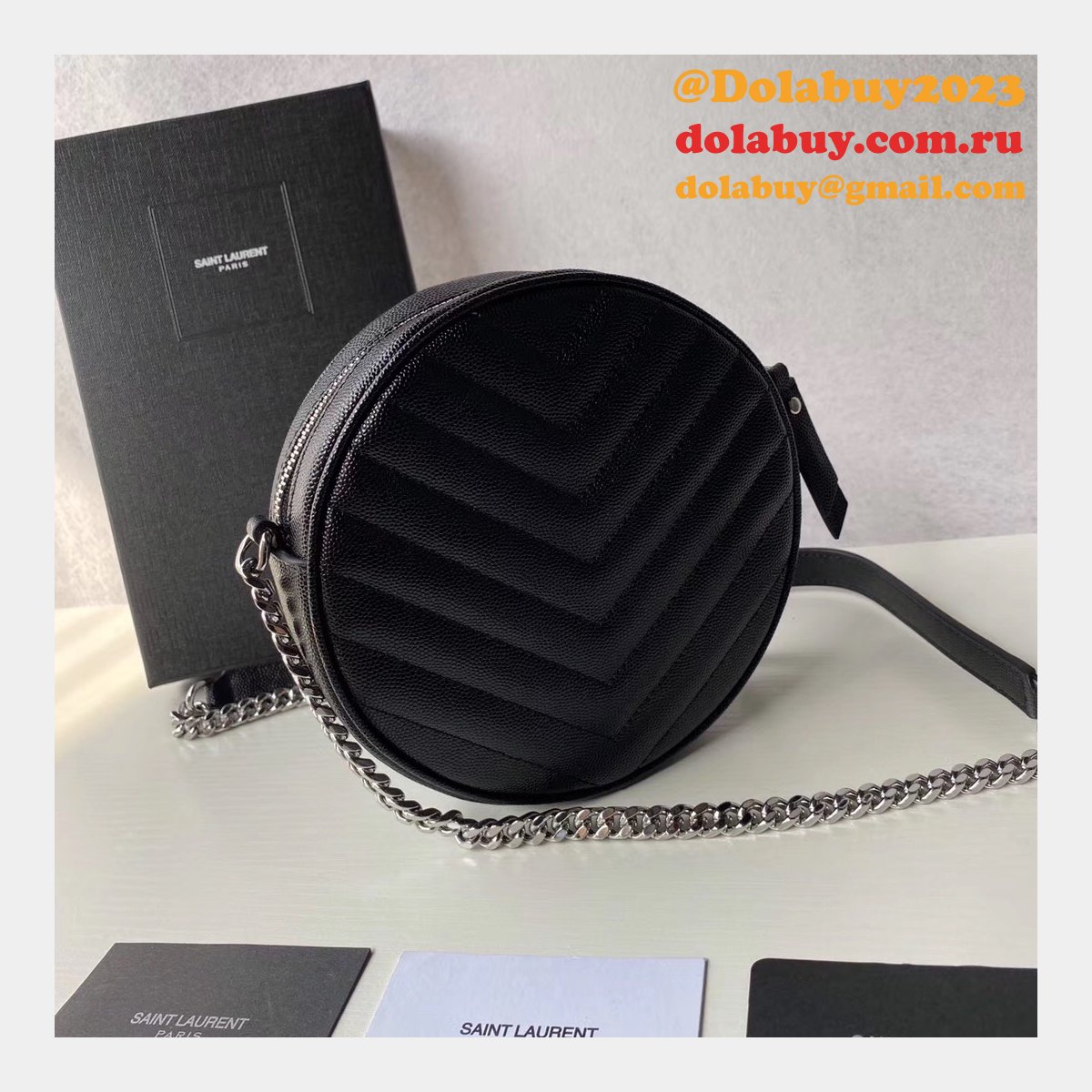 Cheap YSL Vinyle round camera bag 610436 chevron-quilted