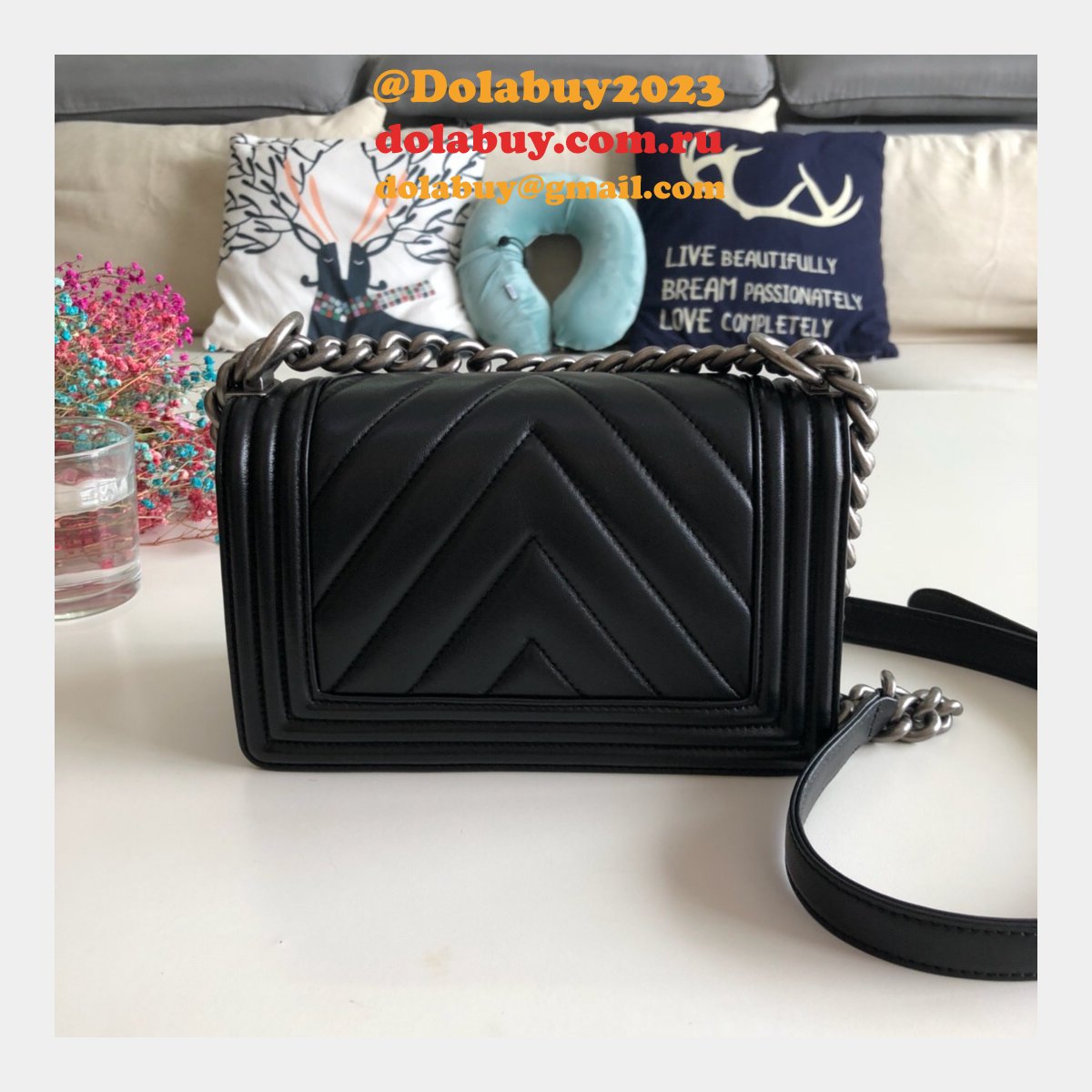 Luxury CC V Le Boy Replica 7 Star Black Bags lambskin 20cm