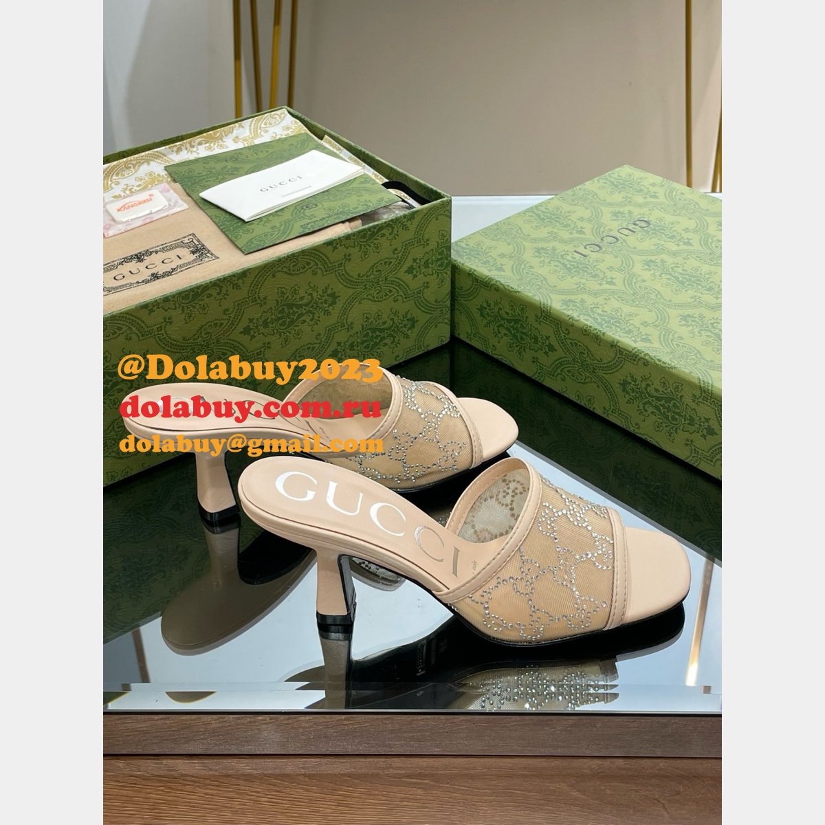 Mid-Heel Slide Sandal Gucci Monogrammed Replica Shoes