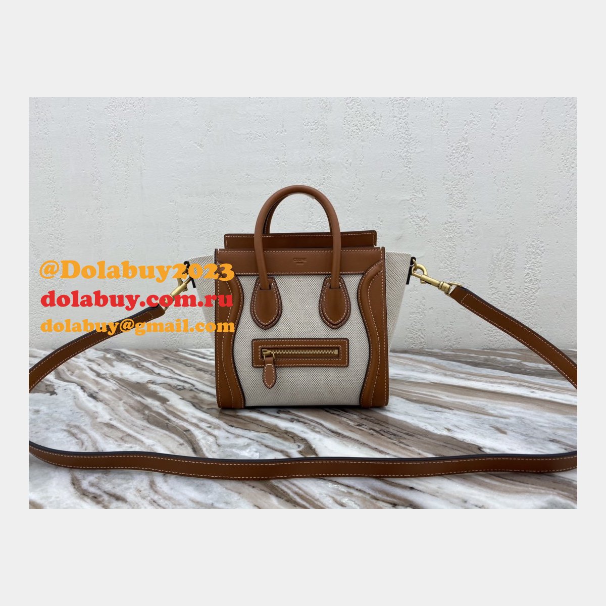 Brown/White Celine Micro Luggage Tote Bag Replica