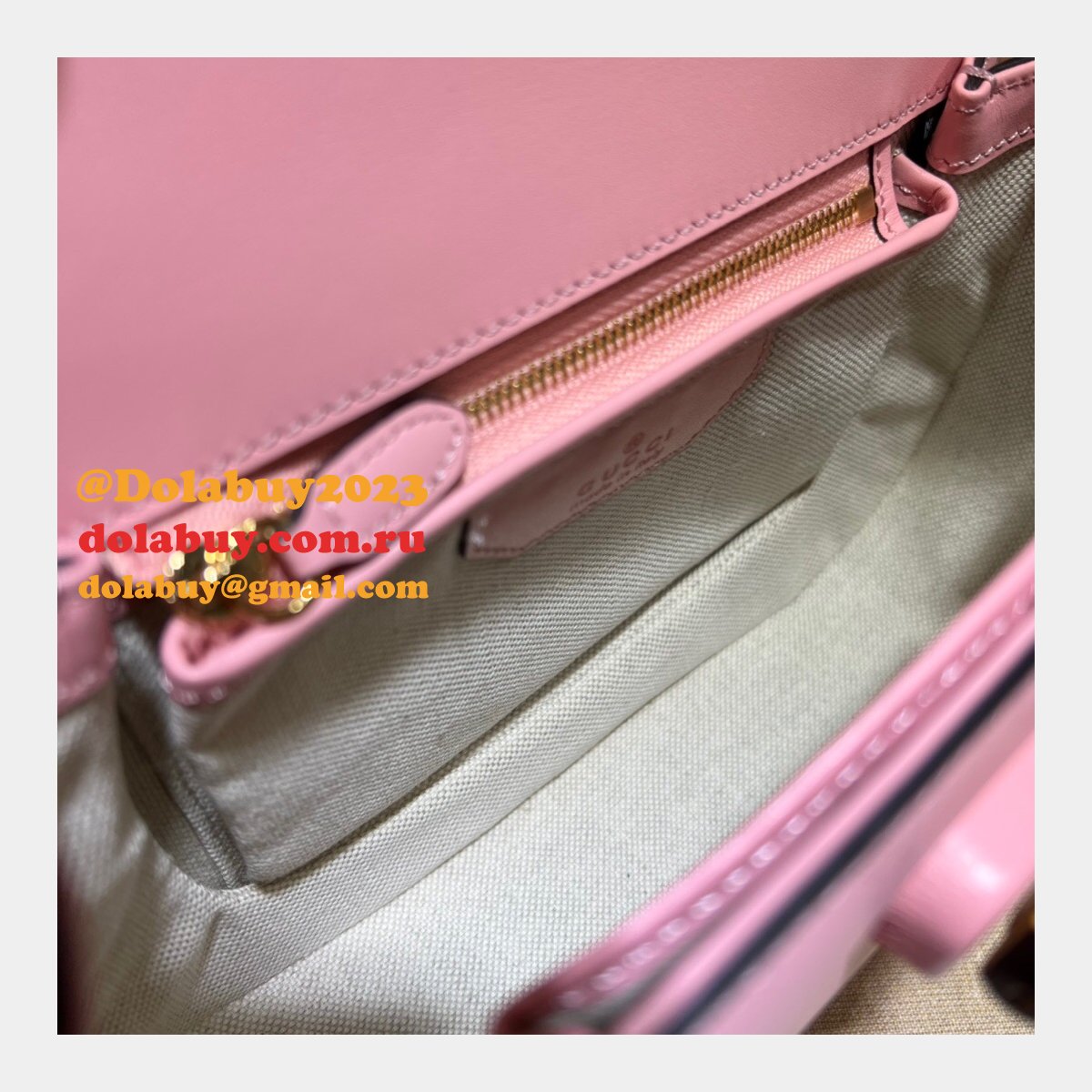 perfect G*u*i copy 675797 small top handle pink/green bag with bamboo