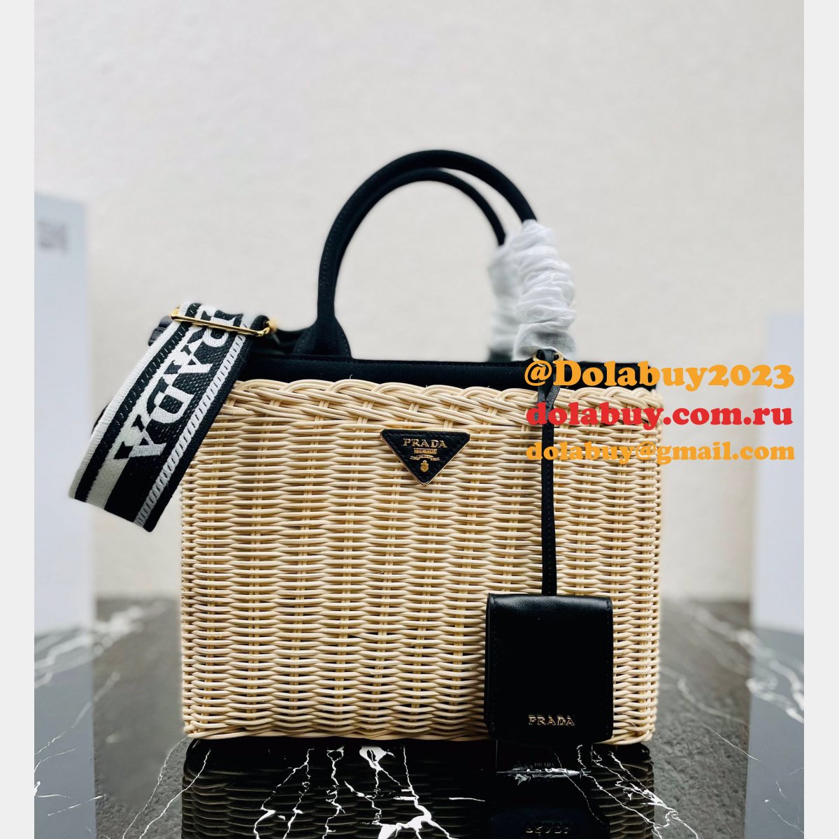 Top Quality Best prada Wicker and canvas tote bag