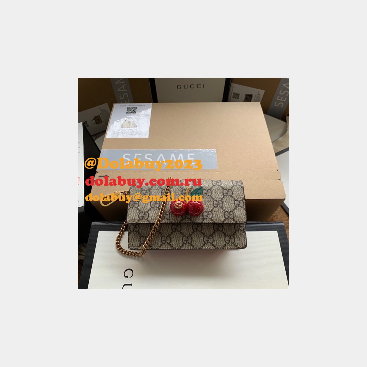 Gucci Designer Beige GG Supreme mini bag with cherries