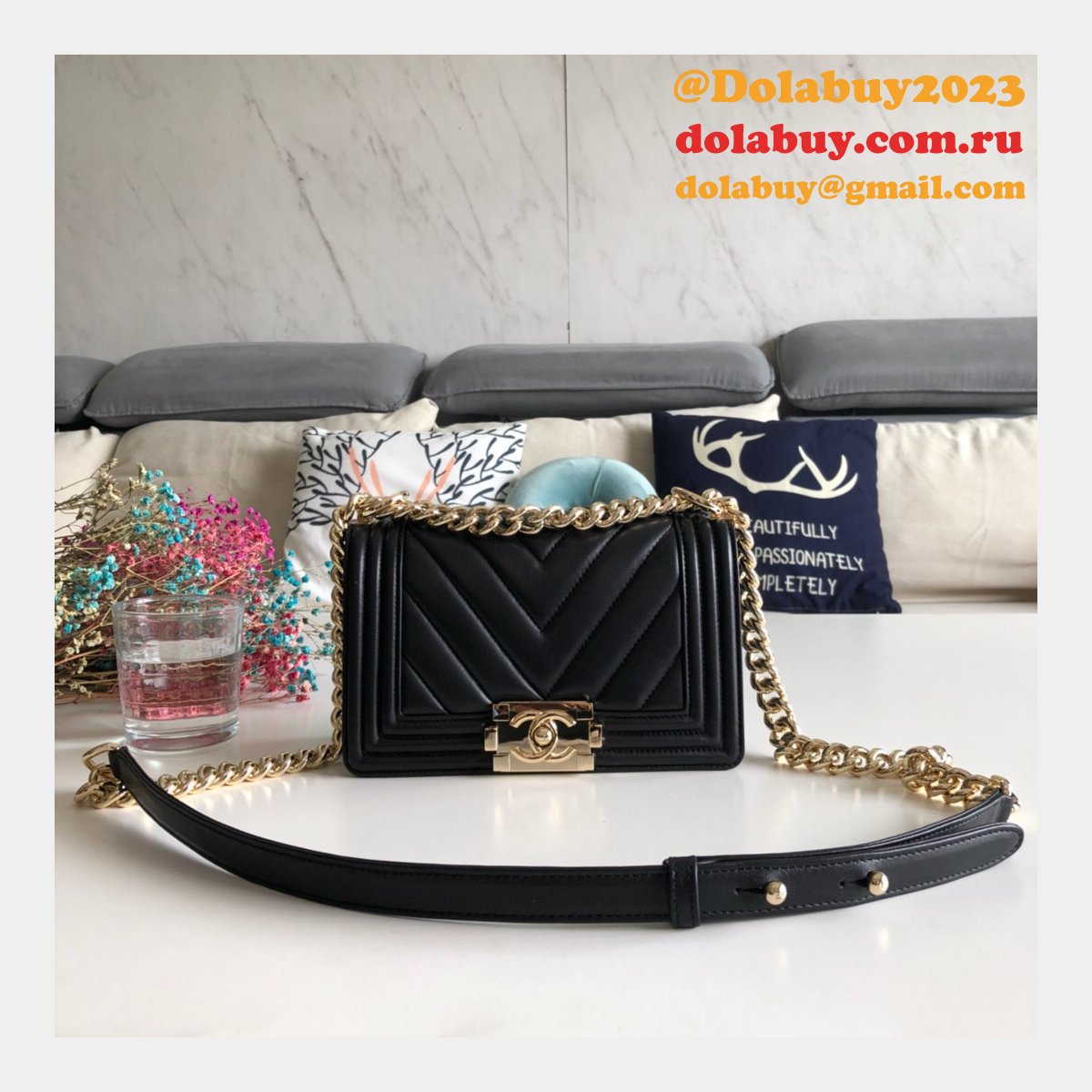 Luxury CC V Le Boy Replica 7 Star Black Bags lambskin 20cm