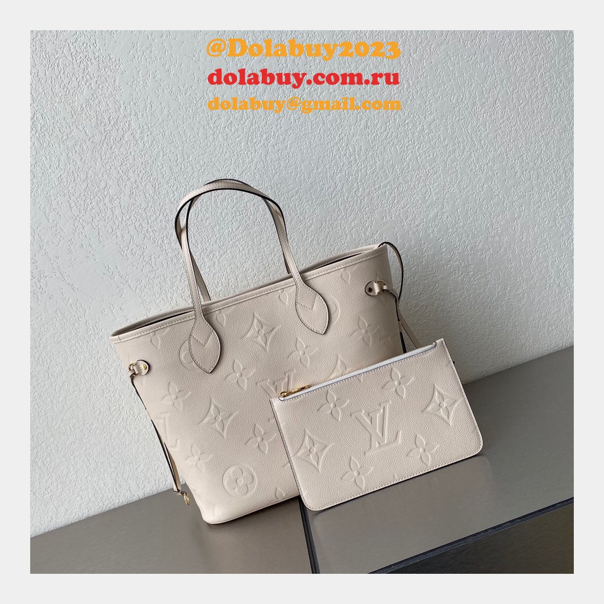 Louis Vuitton M45684 Designer Neverfull MM Monogram Empreinte Leather Cream