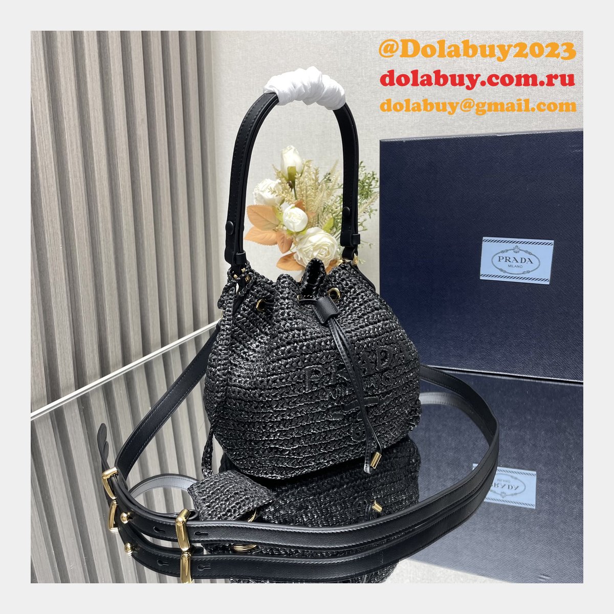 Top Quality Prada Woven drawstring bucket bag 1BE068