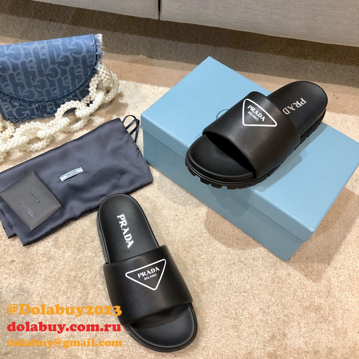 Replica Prada Black And White Leather slides