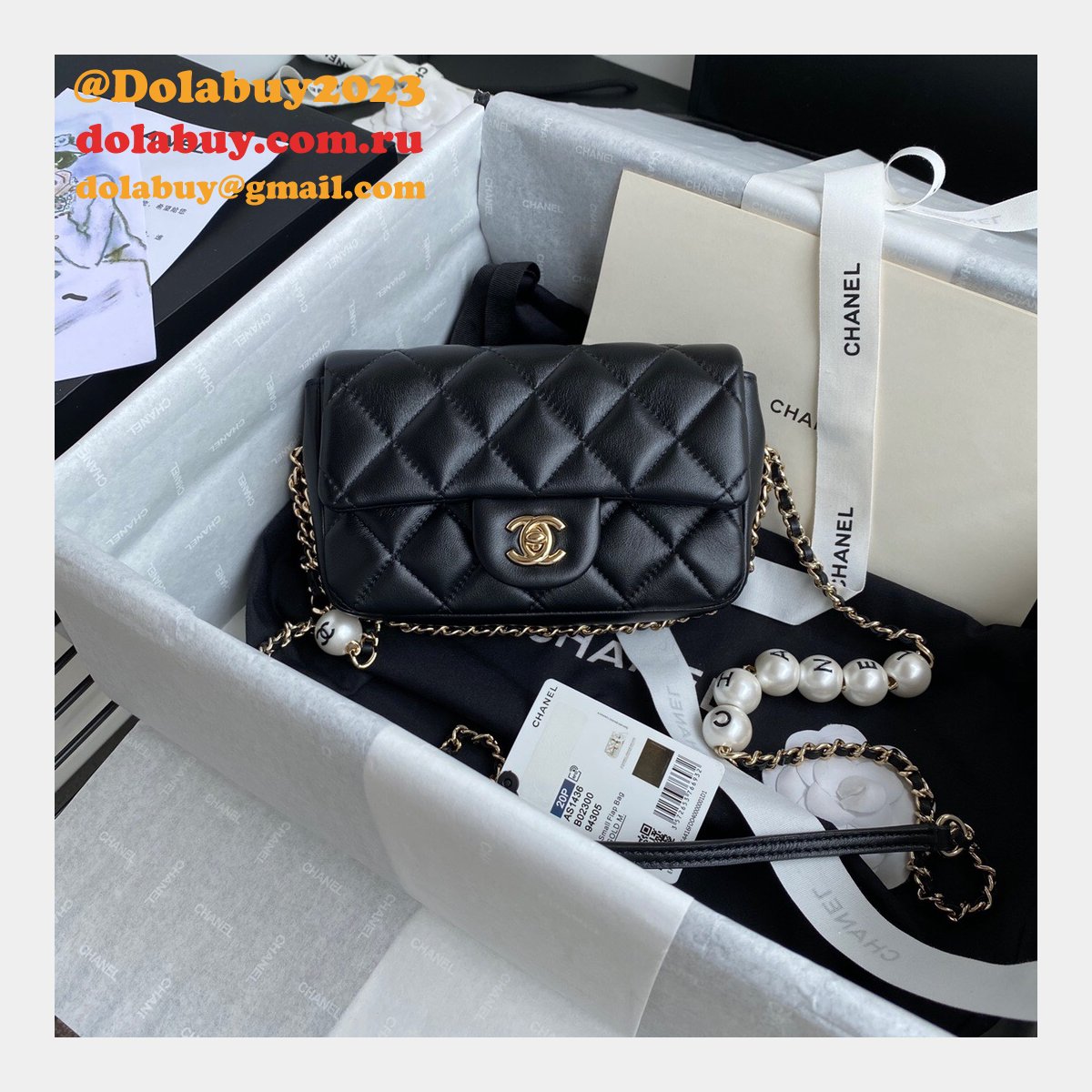 CC Replica Pearl CF Classic Flap 18cm Black/White Bags