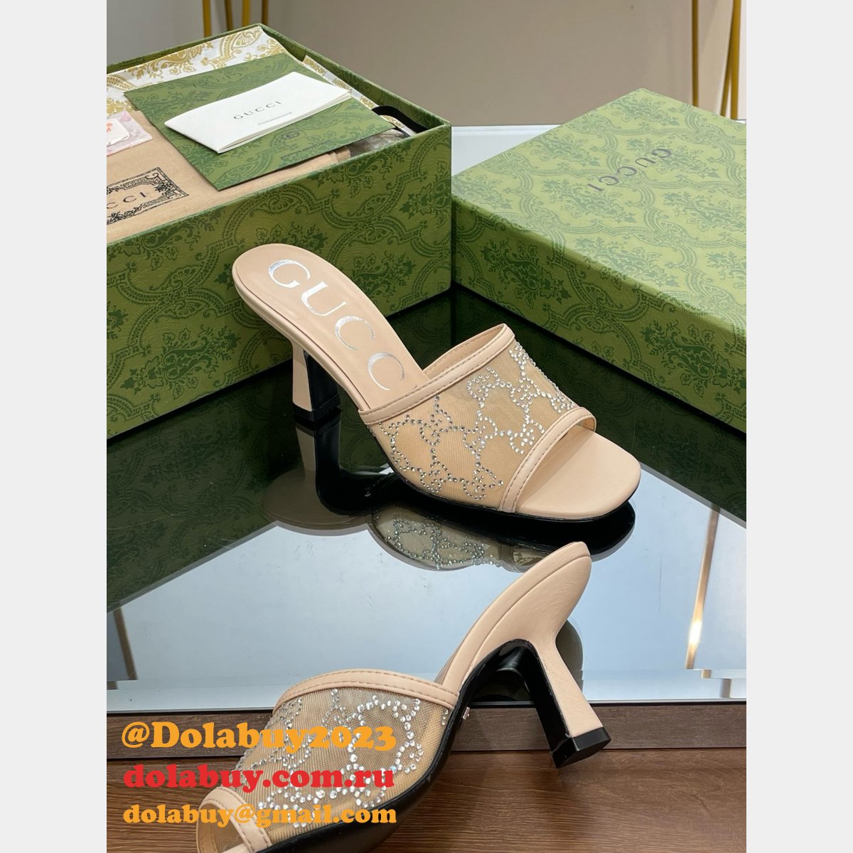 Mid-Heel Slide Sandal Gucci Monogrammed Replica Shoes