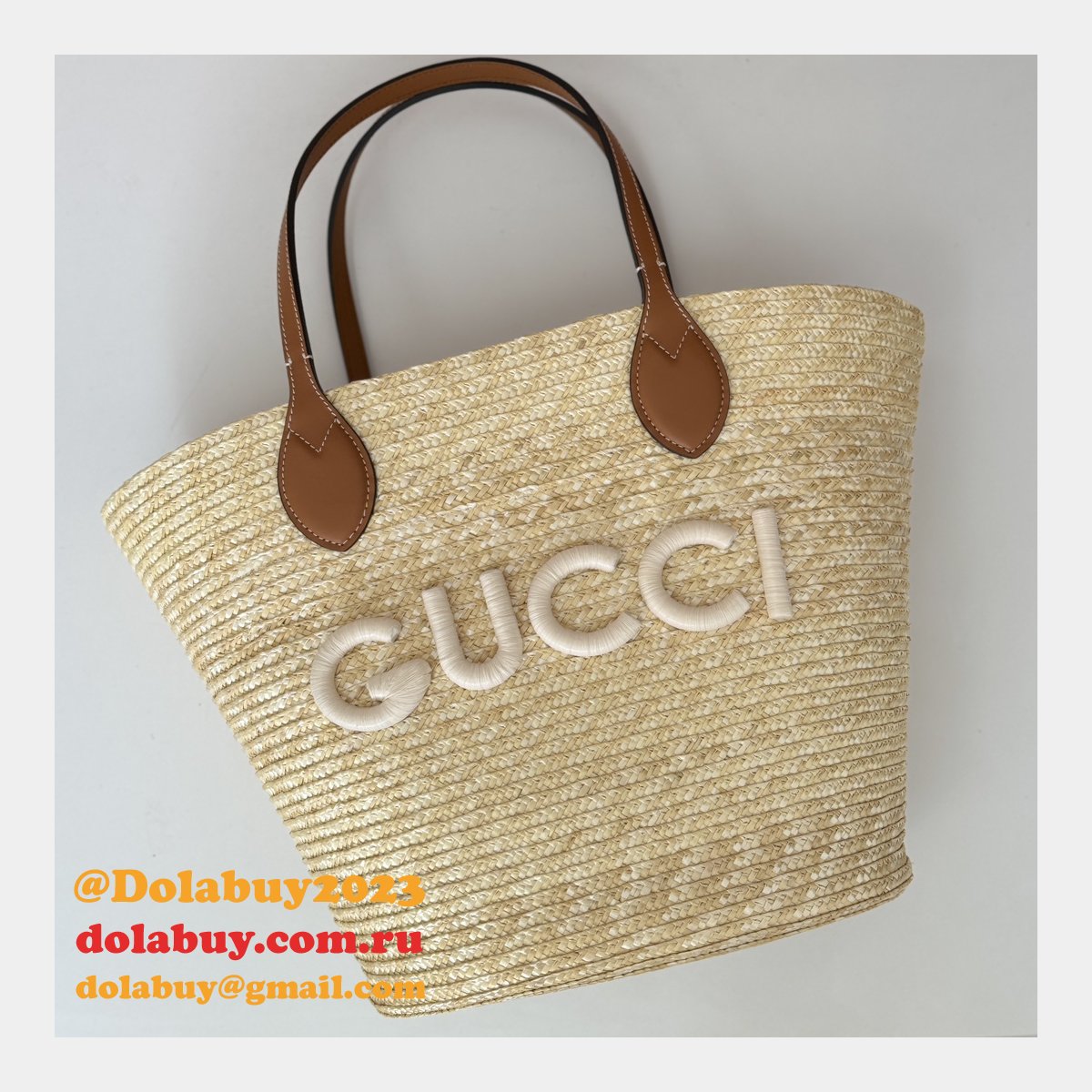 fashion medium straw tote with G*u*i patch 779530 fake bag
