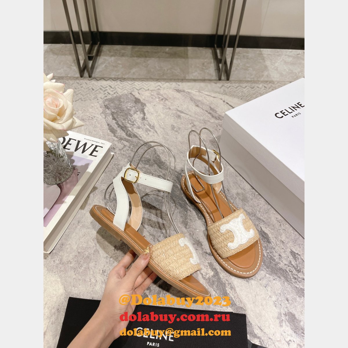 Top Quality Celine LYMPIA FLAT STRAP SANDAL in RAFFIA & CALFSKIN
