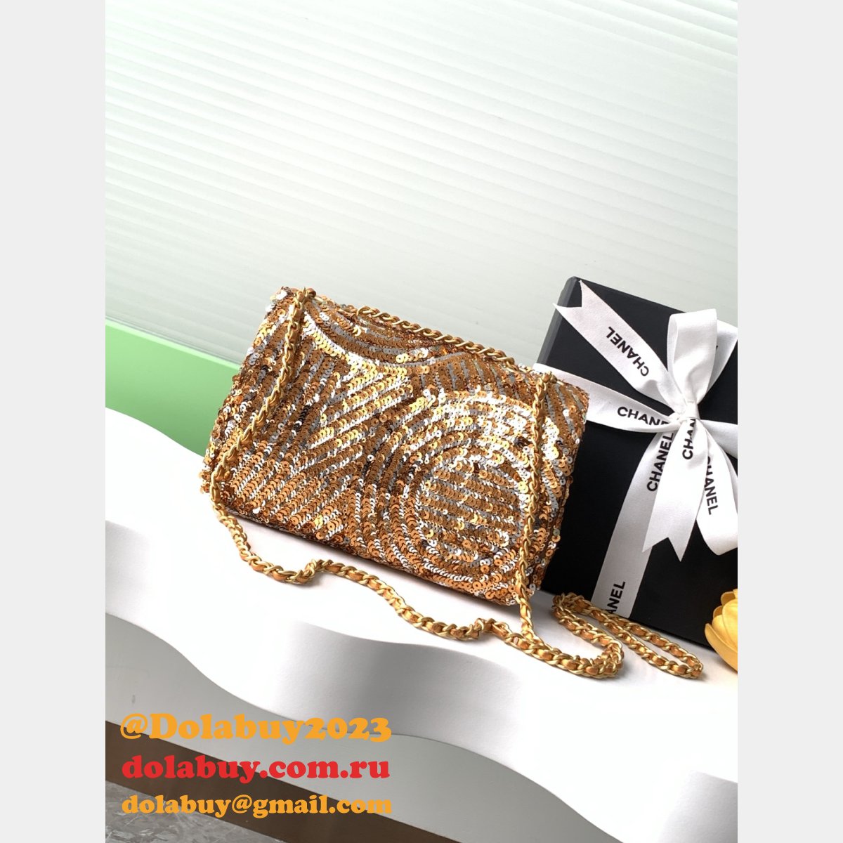 Inspired Best AS4561 Cruise 2024/25 Flap Sequins Gold-Tone Bag