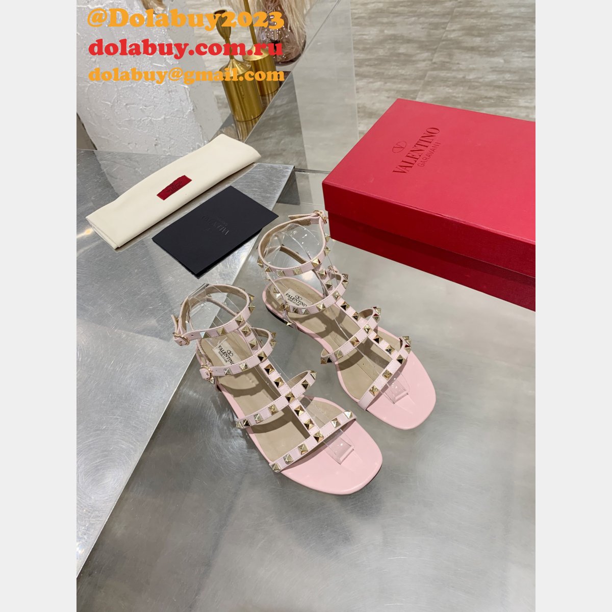 Wholesale VALENTINO ROCKSTUD FLAT CALFSKIN SANDAL WITH STRAPS