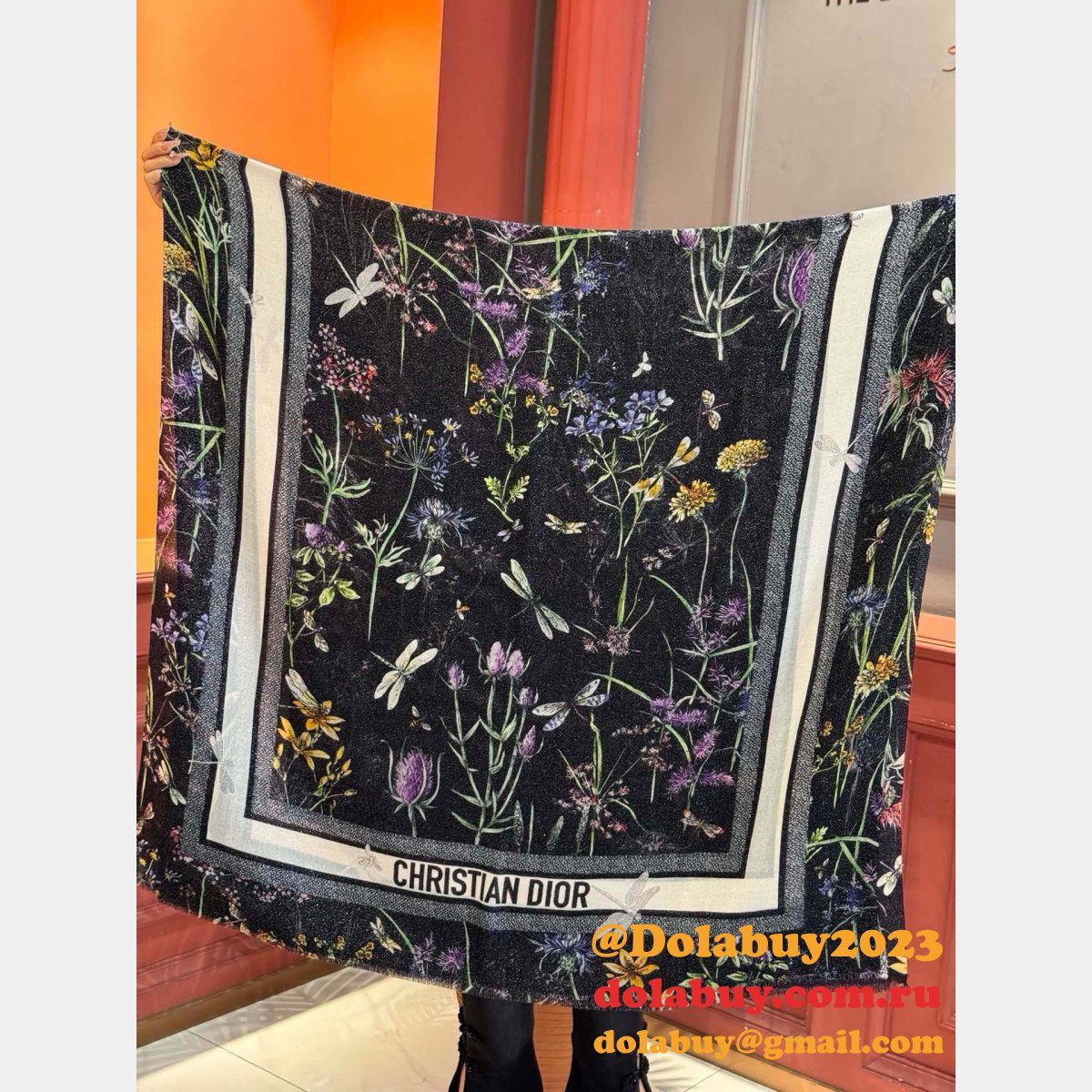 Luxury Dior Sun Goddess Silver Silk Scarf