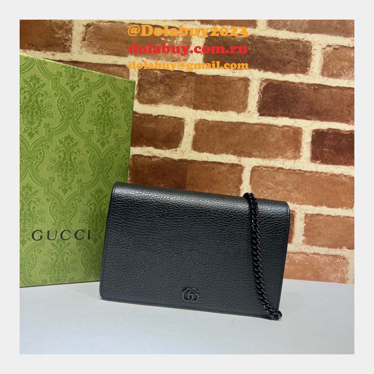Top Luxury GG Gucci Replicas 497985 Marmont leather mini Chain Wallets bag
