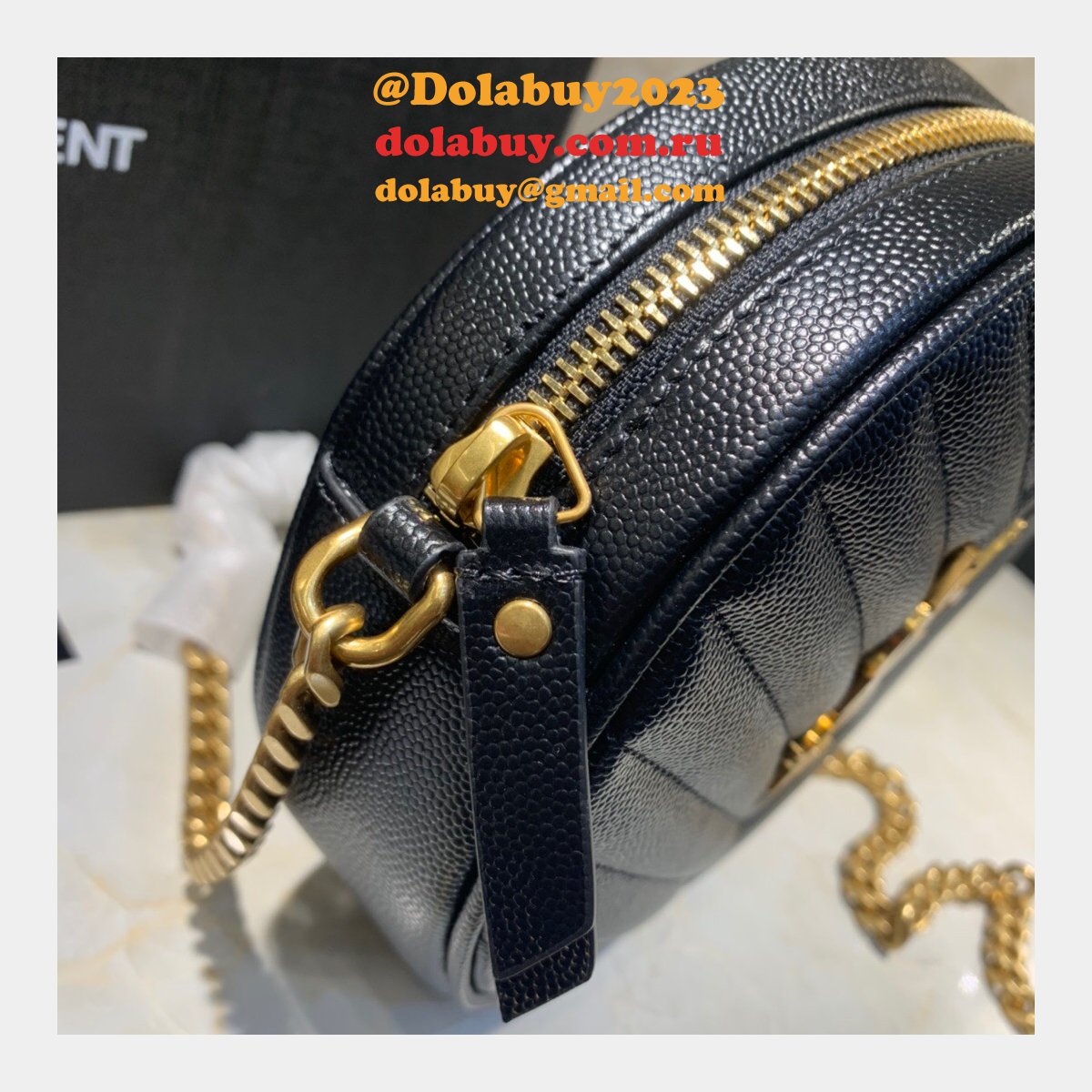 Cheap YSL Vinyle round camera bag 610436 chevron-quilted