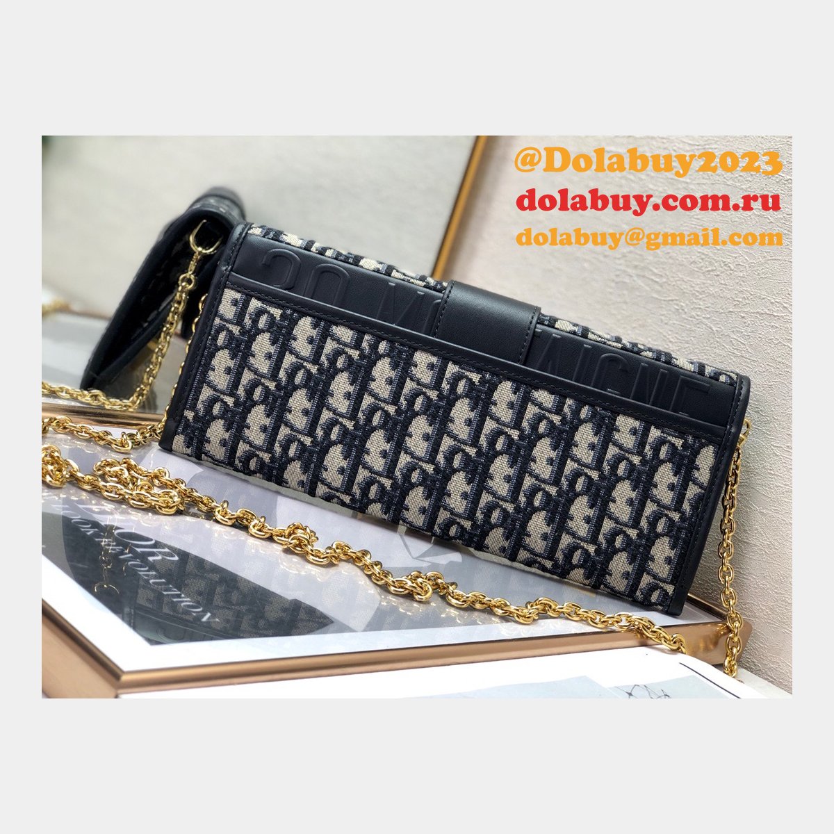 Replica Dior Oblique Saddle Chain Wallet Blue