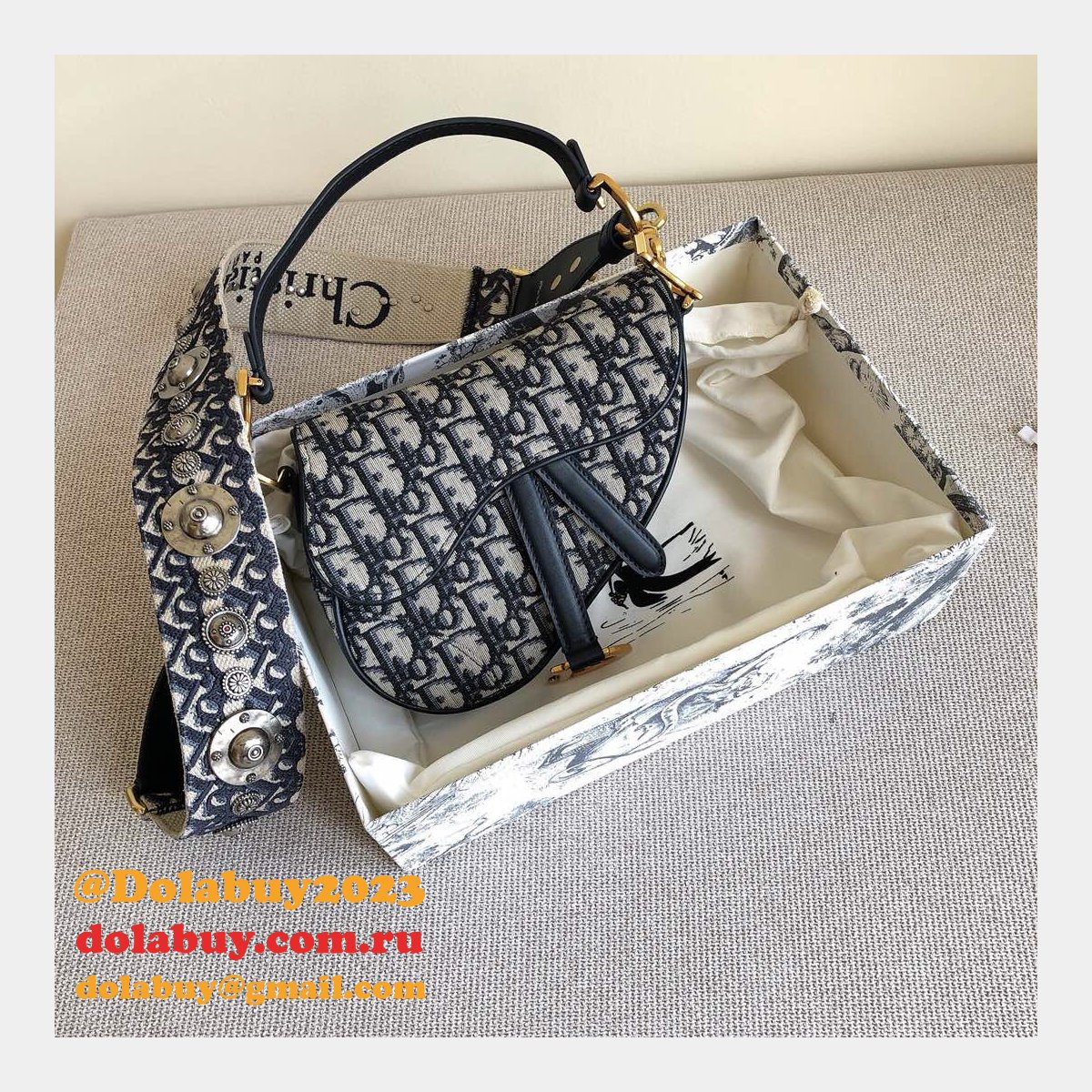Replica Christian Dior Saddle Bag Grained Blue Oblique Jacquard
