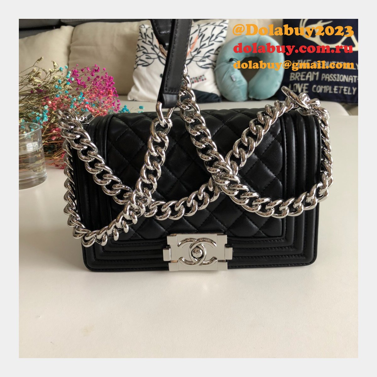 High Quality CC Le Boy Replica Best Black Bags lambksin 20cm