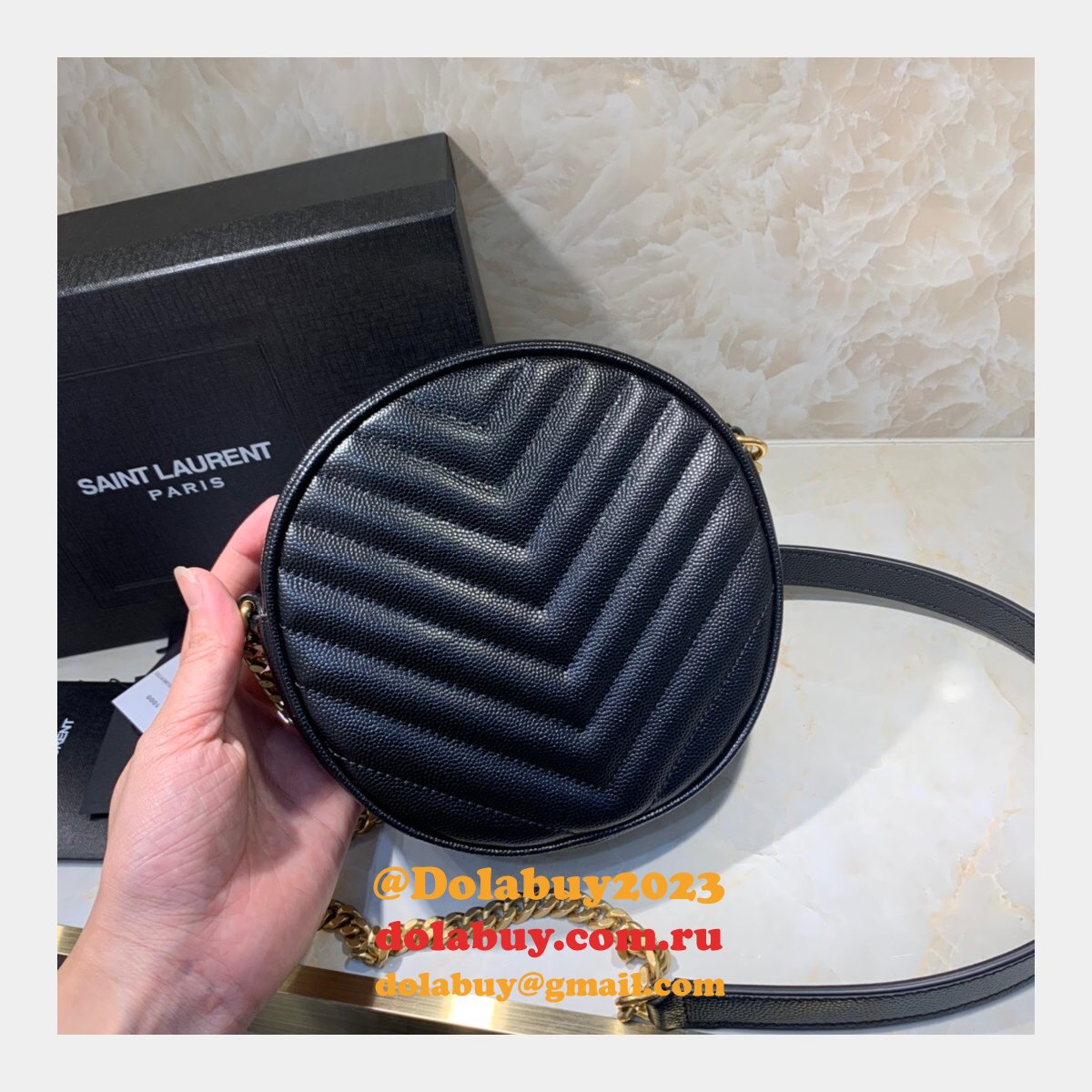 Cheap YSL Vinyle round camera bag 610436 chevron-quilted