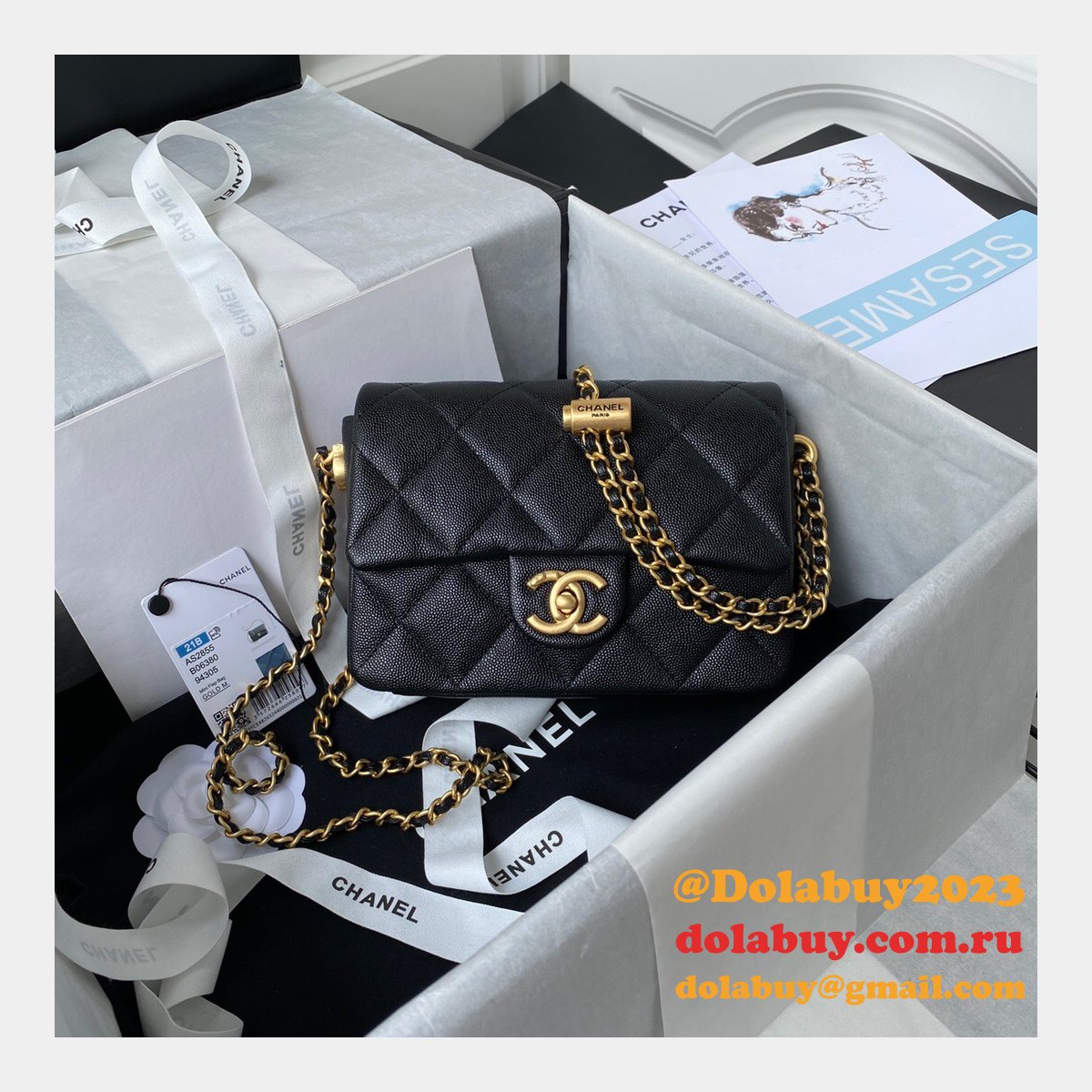 High Quality Designer Replica Mini AS2855 Flap Bag Iridescent Grained Calfskin & Gold-Tone Metal