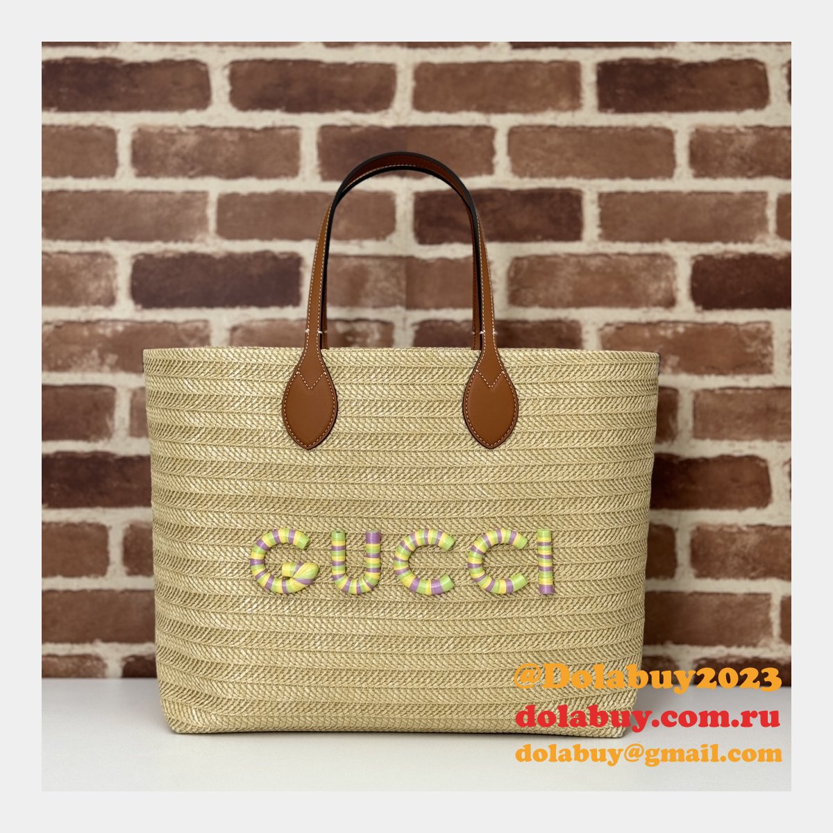 G*u*i duplicate straw-effect tote 779666 beige fabric bag