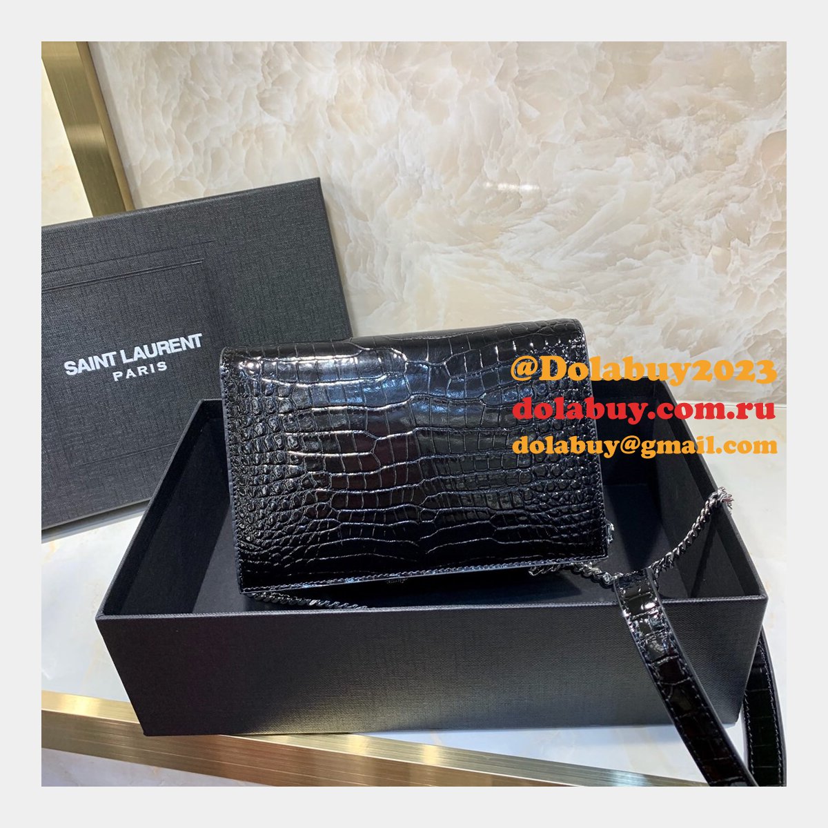Replicas YSL Monogram chain wallet black 19cm grain de poudre