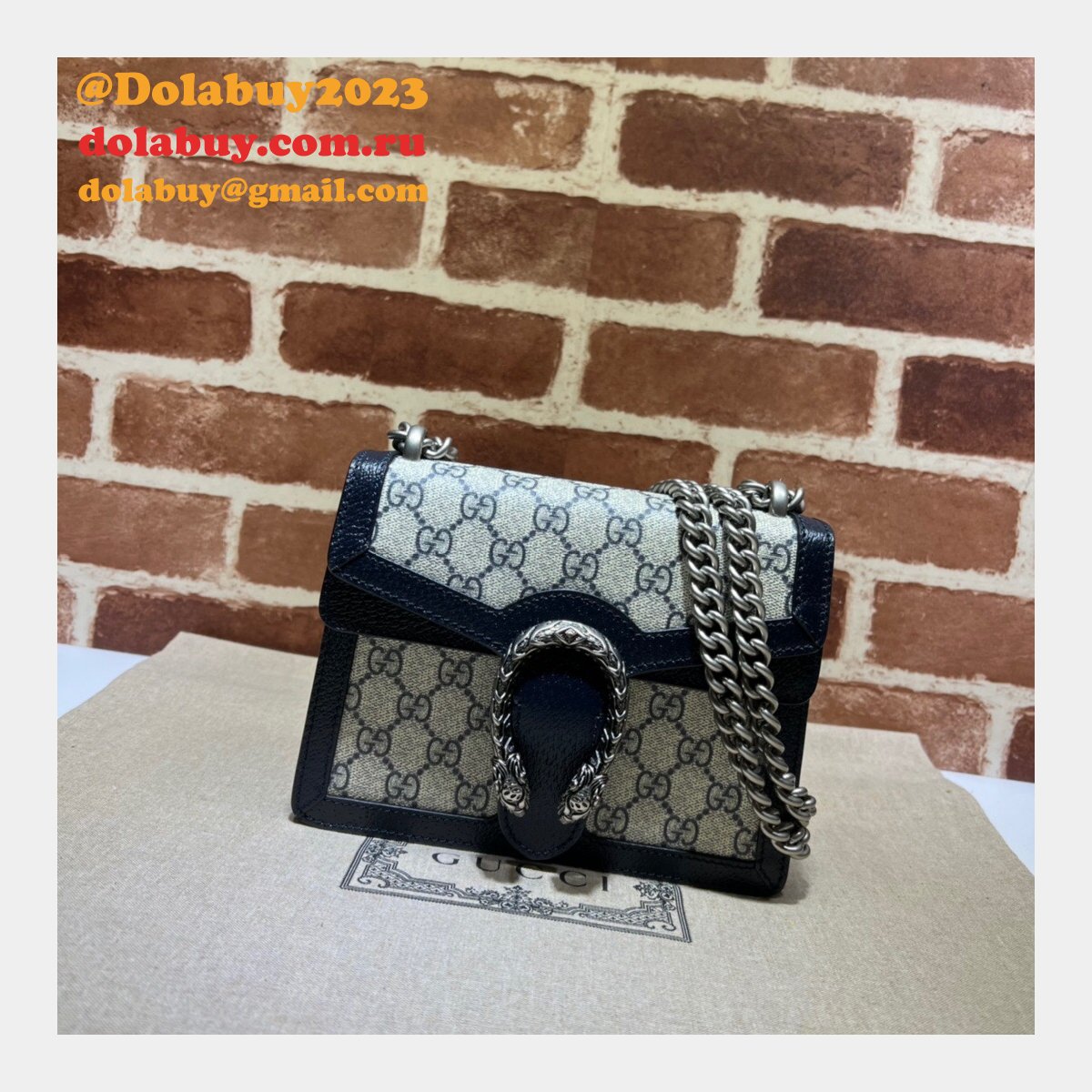 Gucci Fake 421970 GG Supreme Dionysus Mini Bag With dark blue Leather For Sale