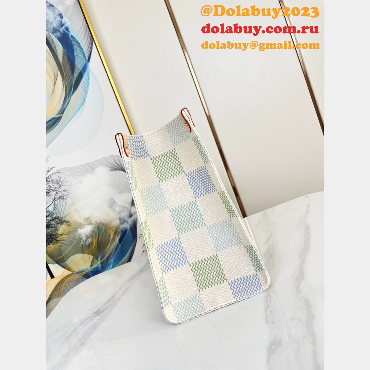 New Louis Vuitton On the Go N40518 Blue Pastel Damier Tote Knockoff Bag