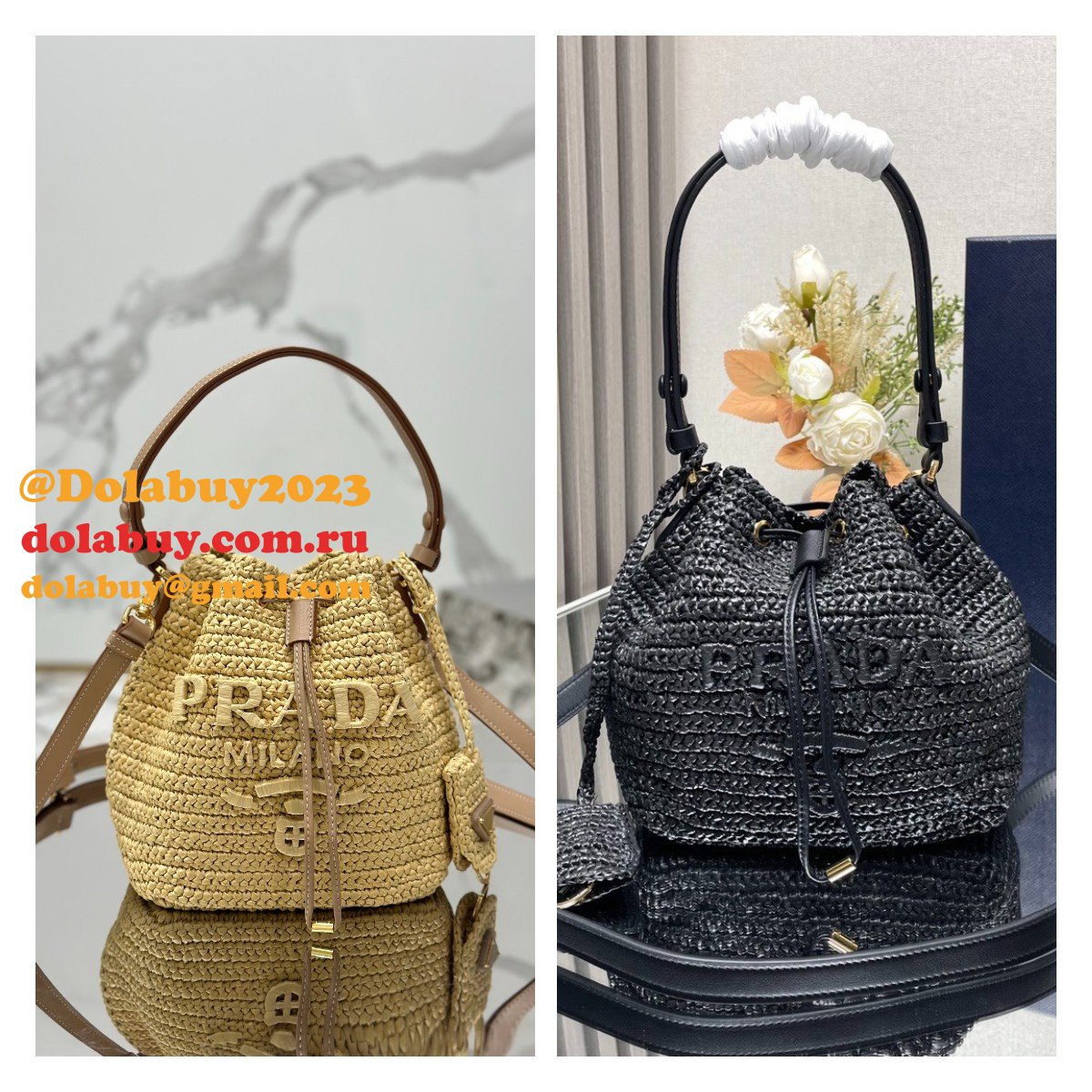 Top Quality Prada Woven drawstring bucket bag 1BE068