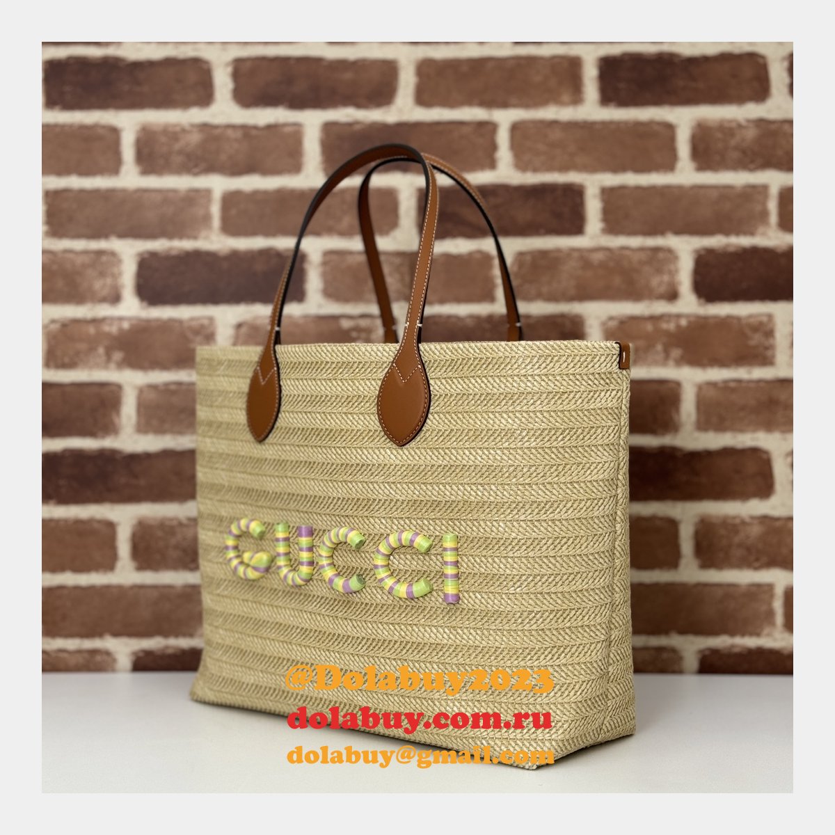 G*u*i duplicate straw-effect tote 779666 beige fabric bag