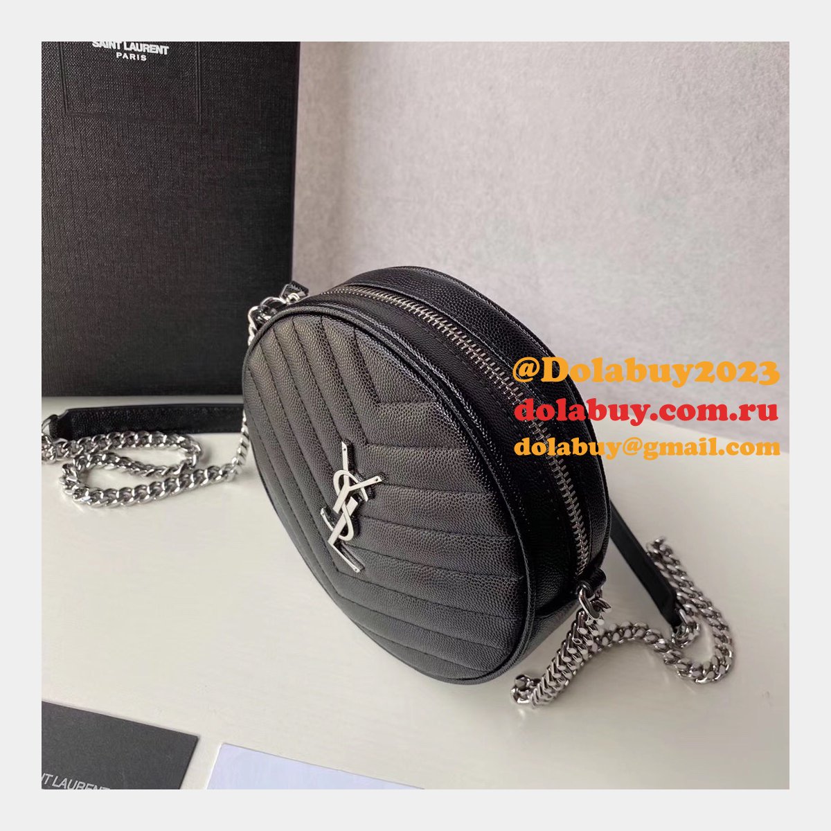 Cheap YSL Vinyle round camera bag 610436 chevron-quilted