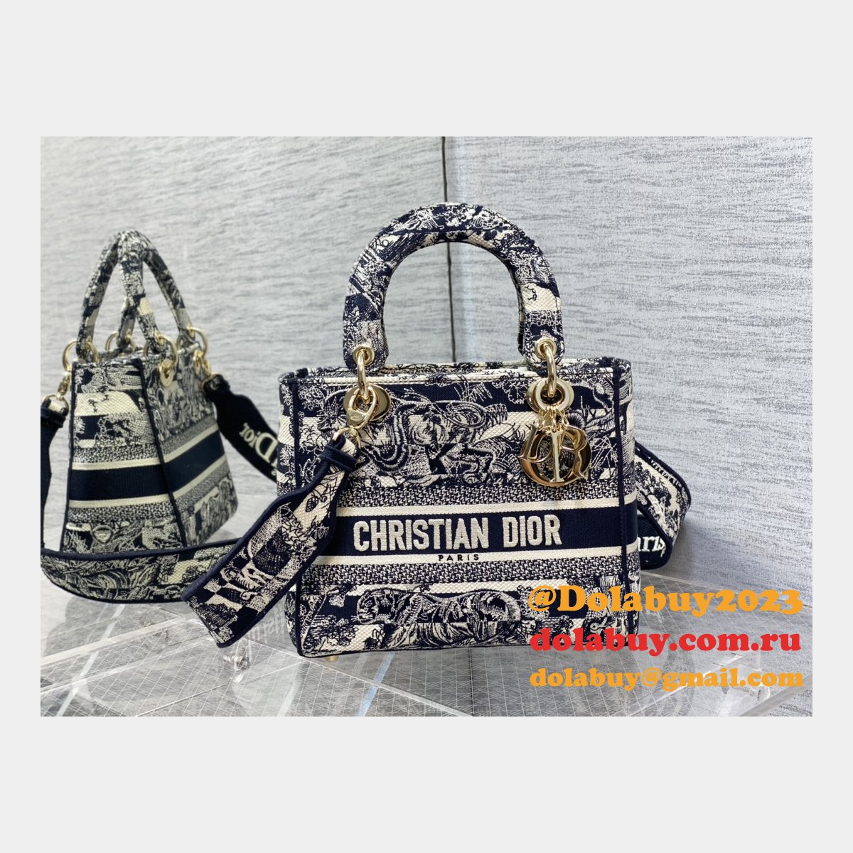 Top Quality Fake Lady Embroidery Canvas Dior 24CM Replica Bag